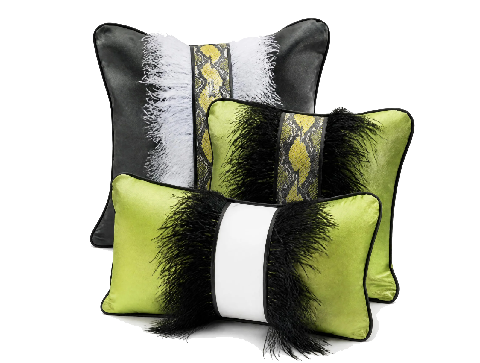 Set of decorative pillows with black, white, yellow, and green patterns, featuring fur accents, arranged in front of a solid black background.
