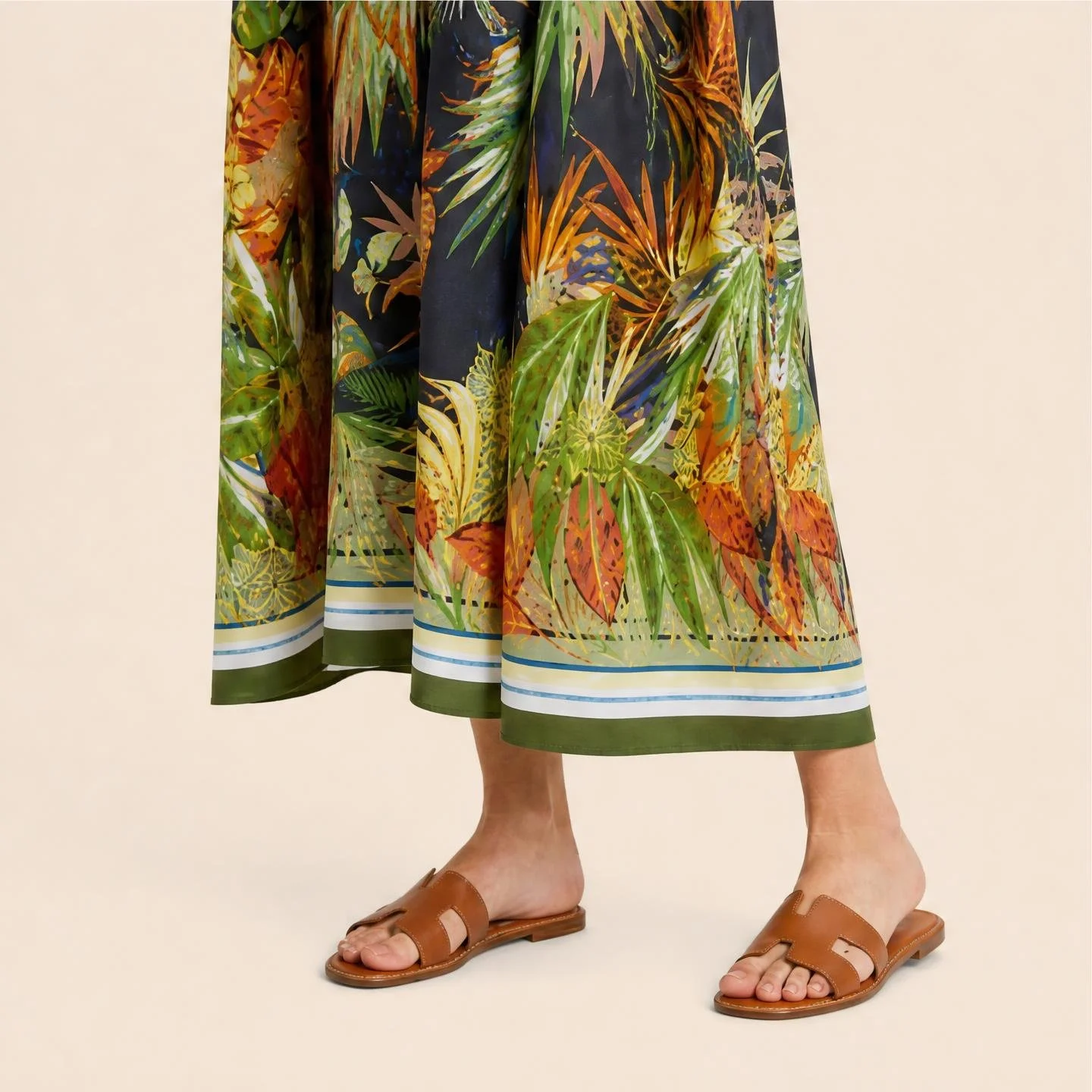 Dawn Bradbury Twilight Jungle long silk kaftan, ochre and olive jungle foliage on near-black