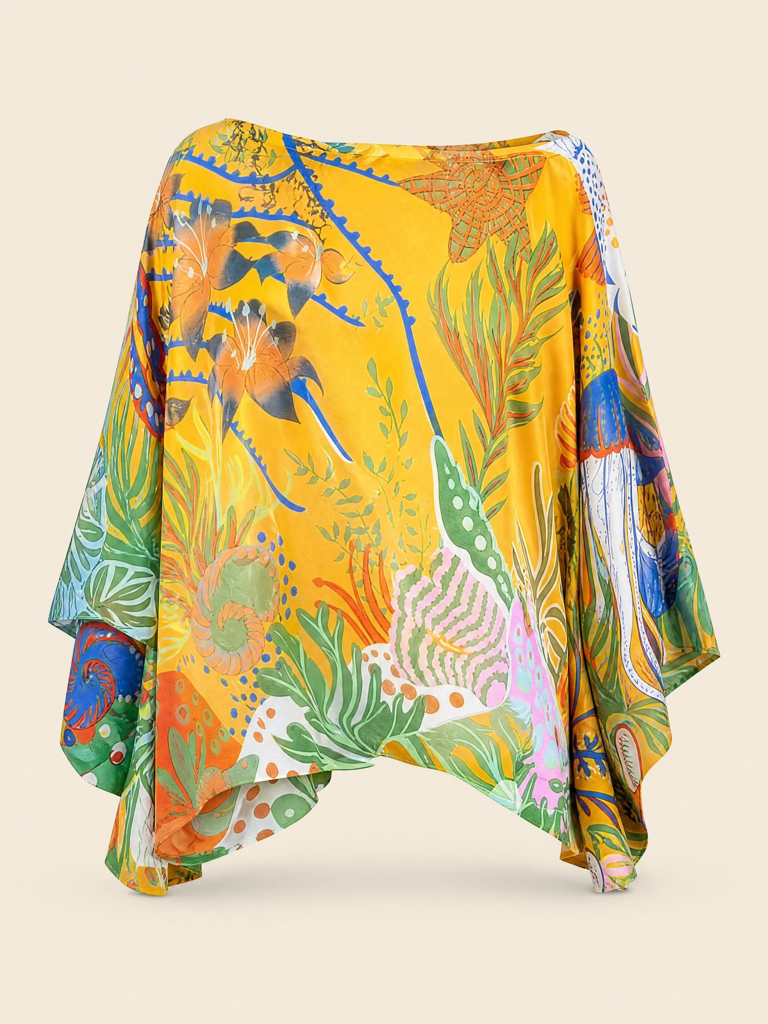 Saffron Reef silk kaftan top in jade and cobalt reef on deep saffron