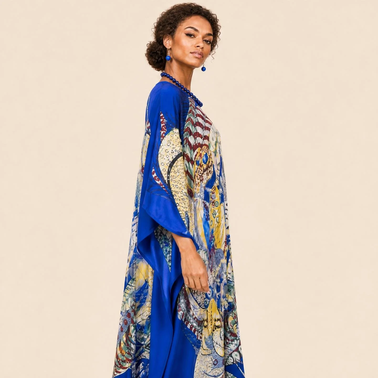 Dawn Bradbury Sapphire Shell long silk kaftan, cream and gold shells on deep sapphire