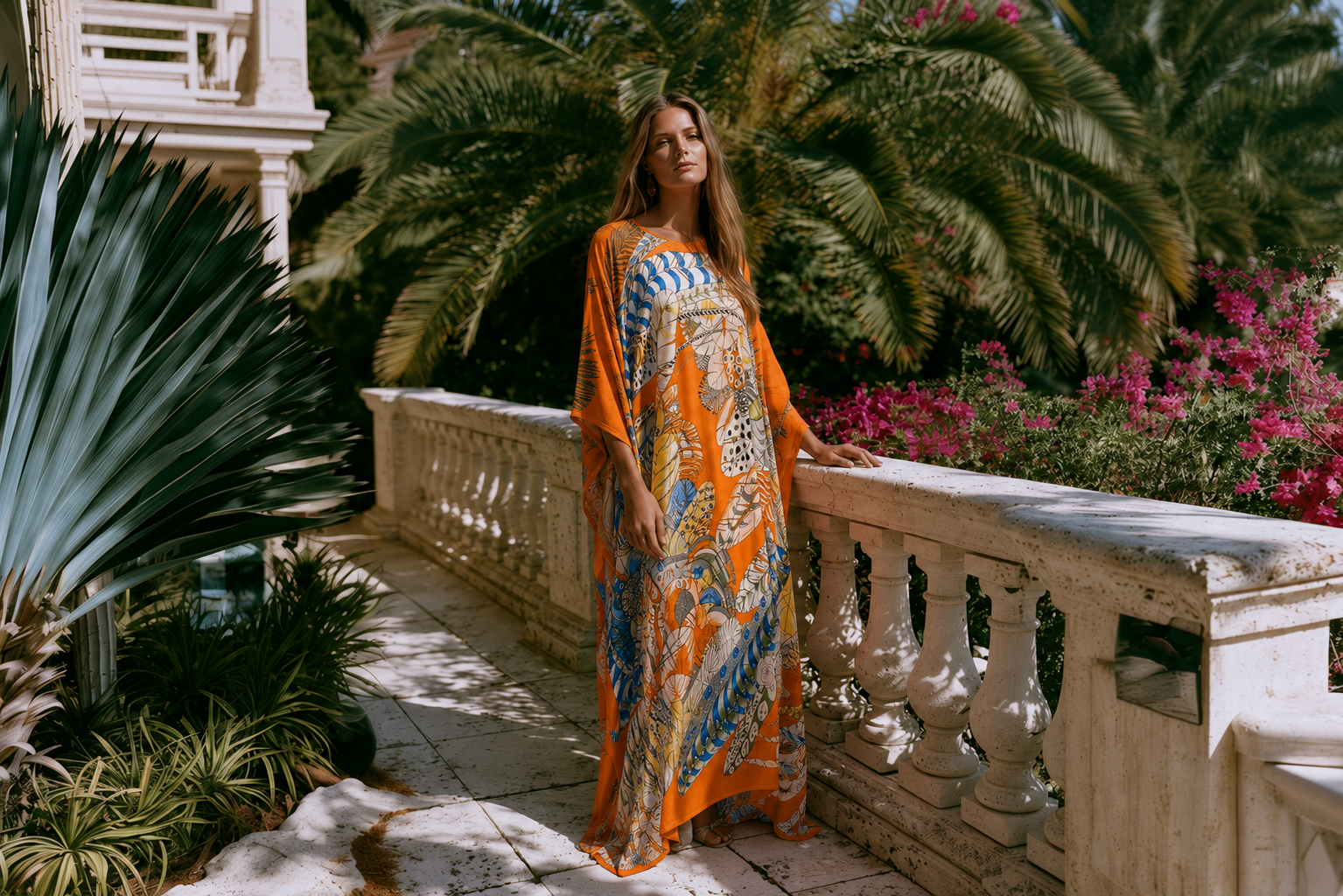 Woman in colorful, patterned dress standing by a white stone railing surrounded by lush green plants and pink flowers.