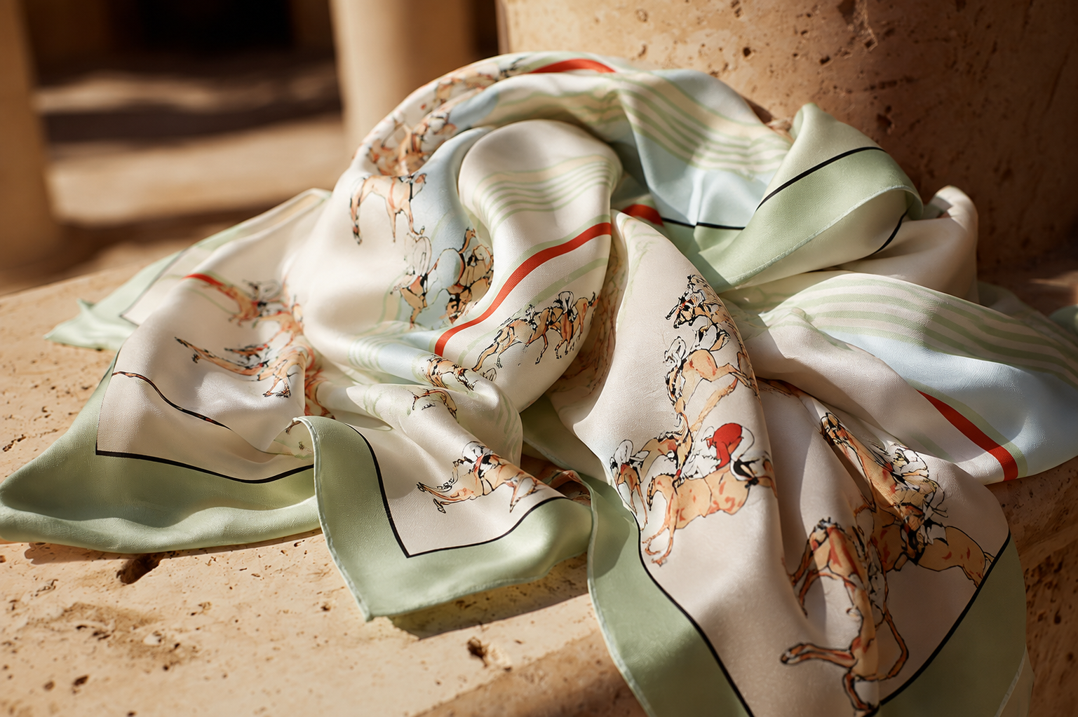 Light green and white silk scarf with horse print, draped on a beige stone surface.