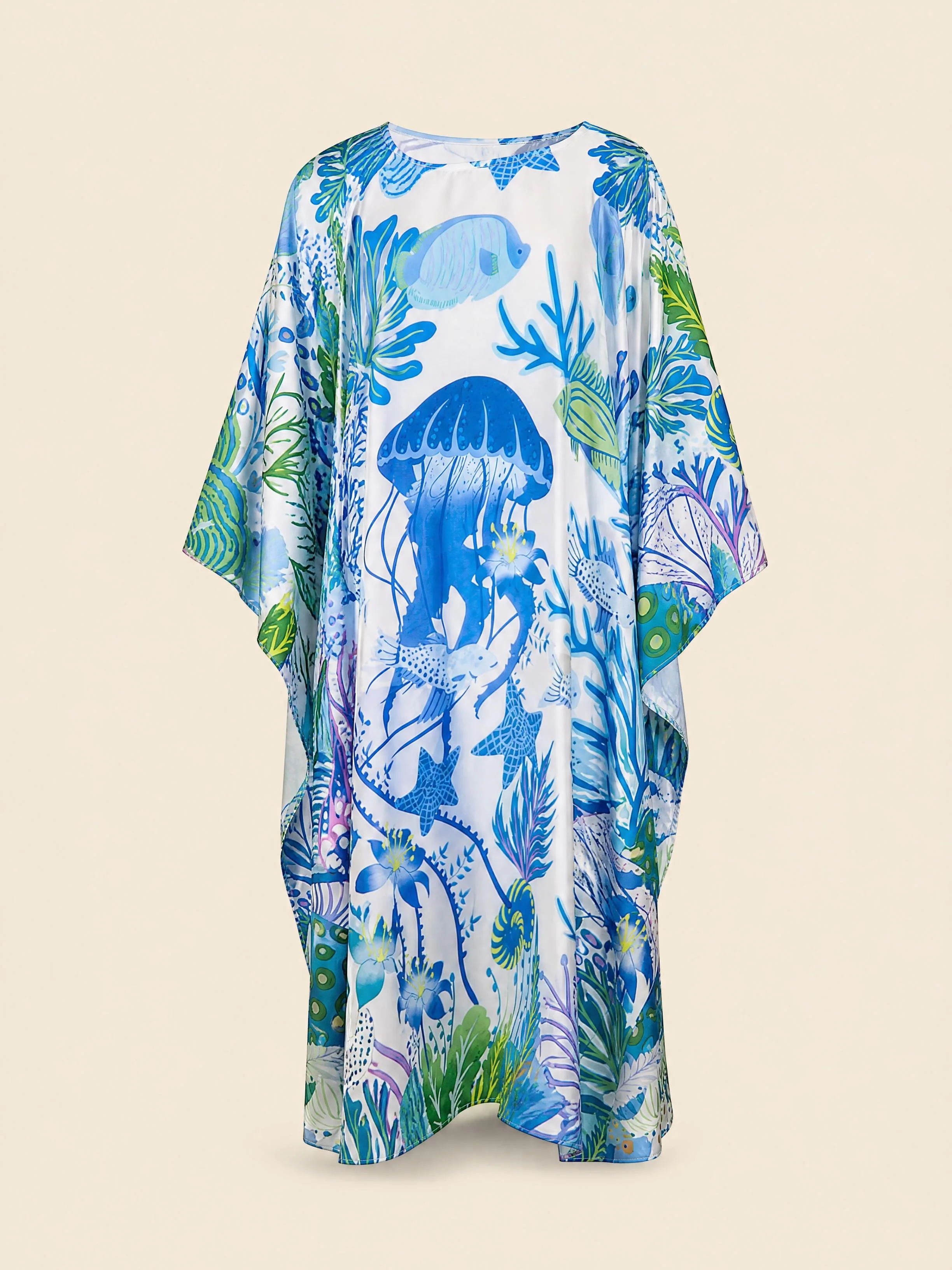 Porcelain Sea resort wear long silk kaftan in blue jellyfish and coral on white