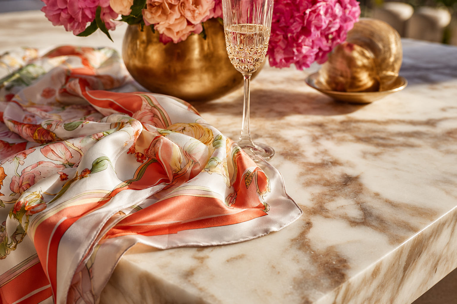 A marble table with pink and peach flowers in gold vases, a glass of champagne, a gold bowl, and a colorful floral silk cloth.