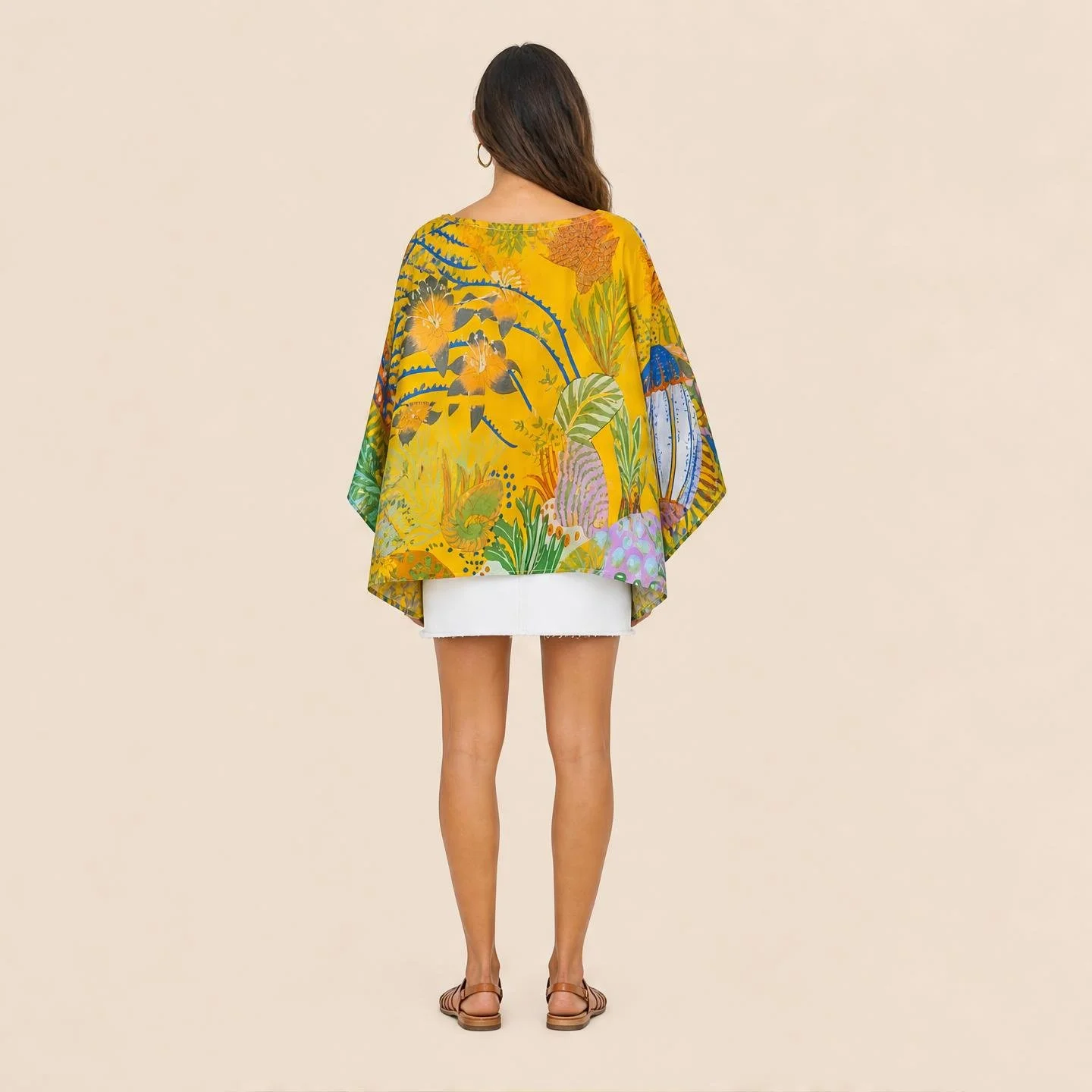 Dawn Bradbury Saffron Reef silk kaftan top, jade and cobalt reef on deep saffron