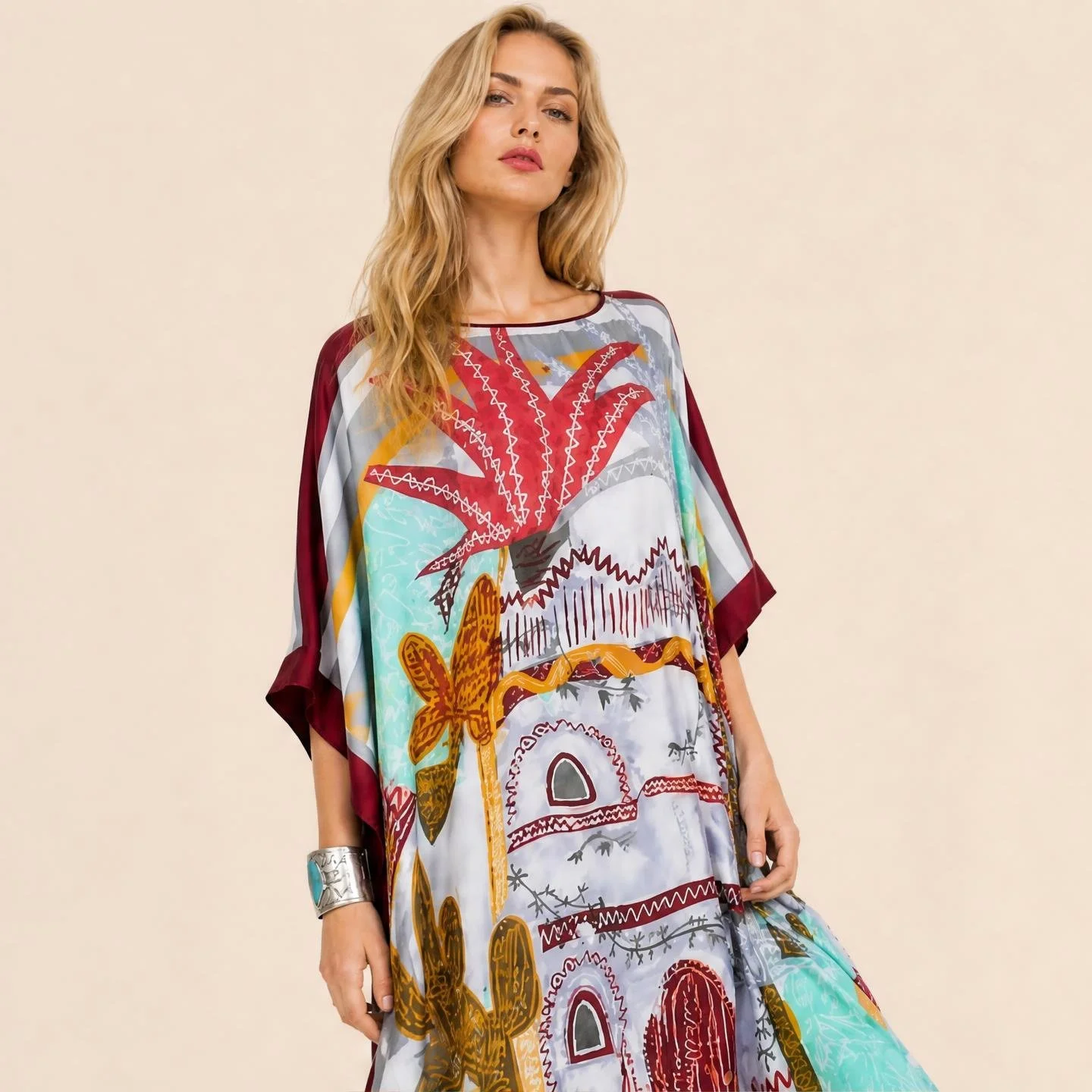 Scarlet agave and adobe arches on pale desert blue — Santa Fe long silk kaftan by Dawn Bradbury Design