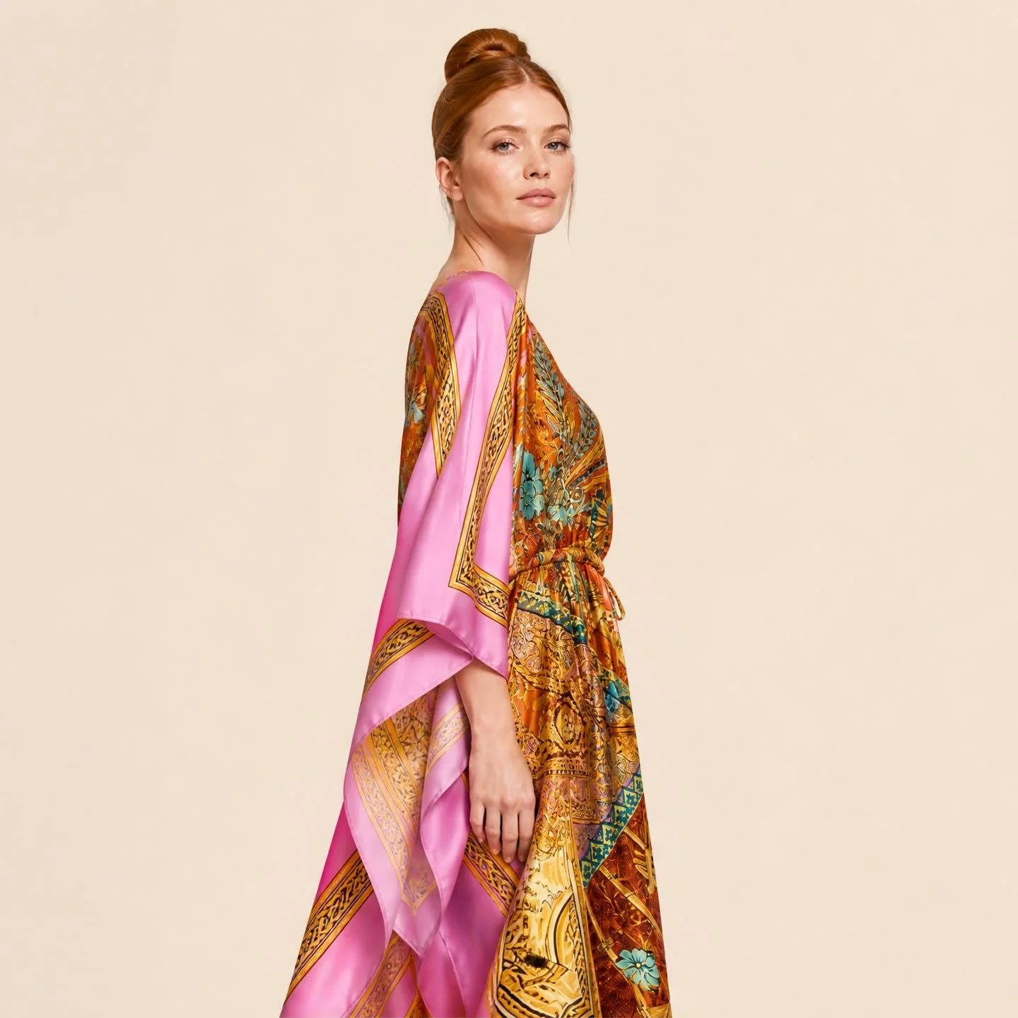 Dawn Bradbury Saffron Palace long silk kaftan, burnt orange and gold palace ornament with a pink border