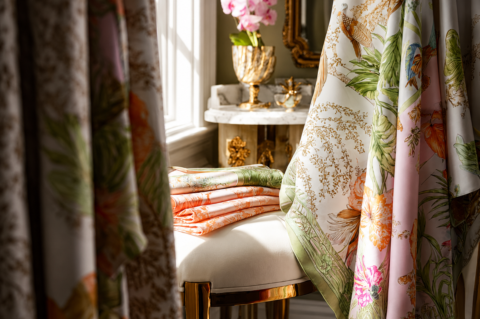View of a luxurious interior with floral curtains, a stool with folded colorful fabrics, a marble-topped table with gold and pink decorations, a window allowing natural light, and a mirrored wall in the background.