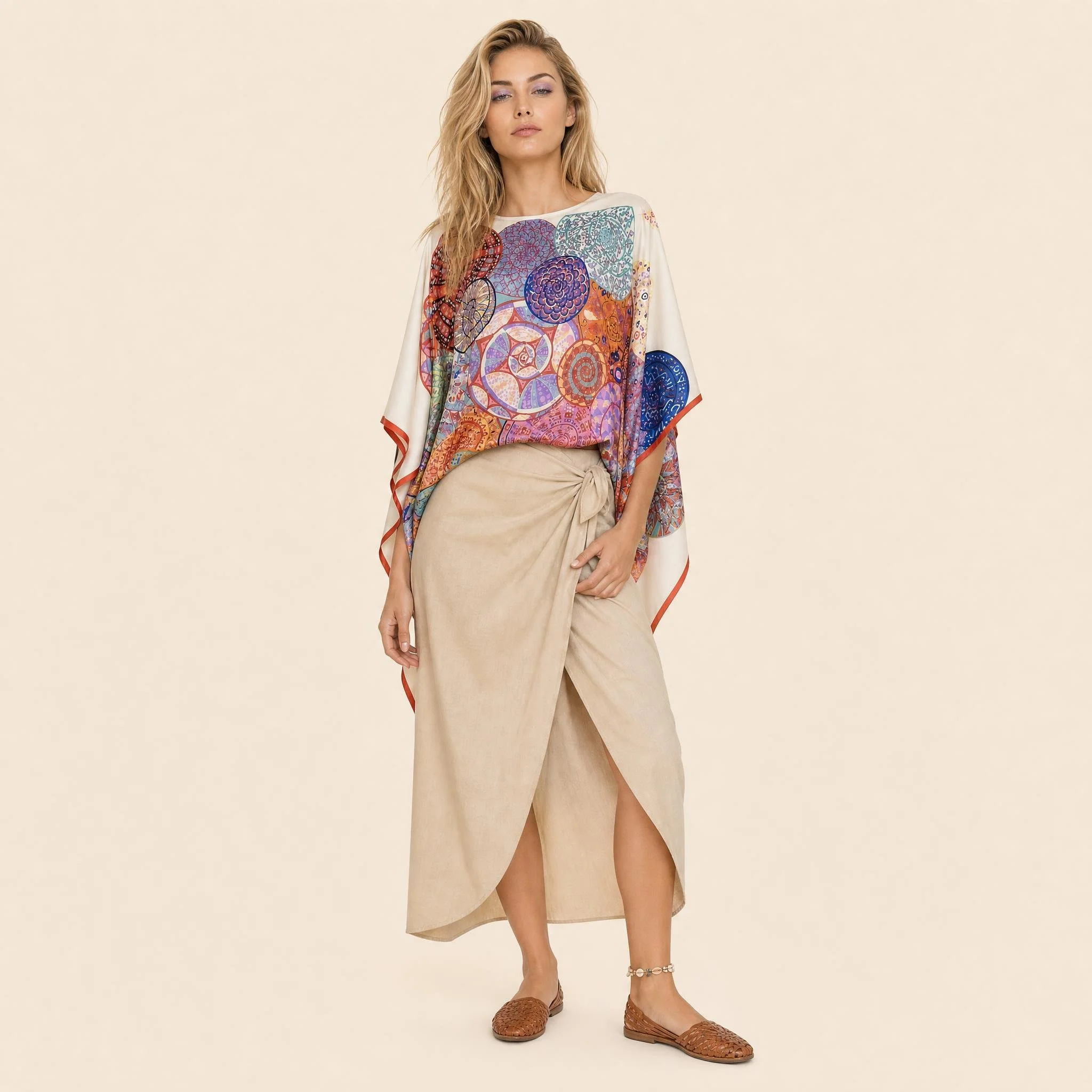 Rose Mandala mini silk kaftan in rose, apricot and violet medallions on ivory