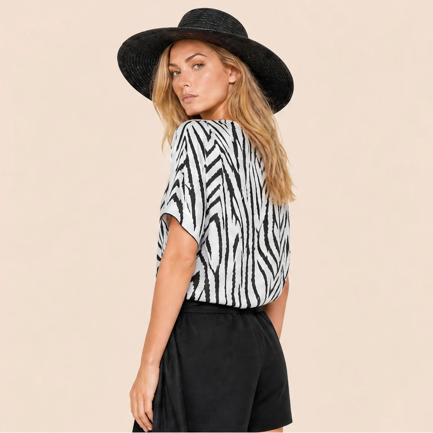 Dawn Bradbury Zebra Noir mini silk kaftan, painted black and white zebra stripe