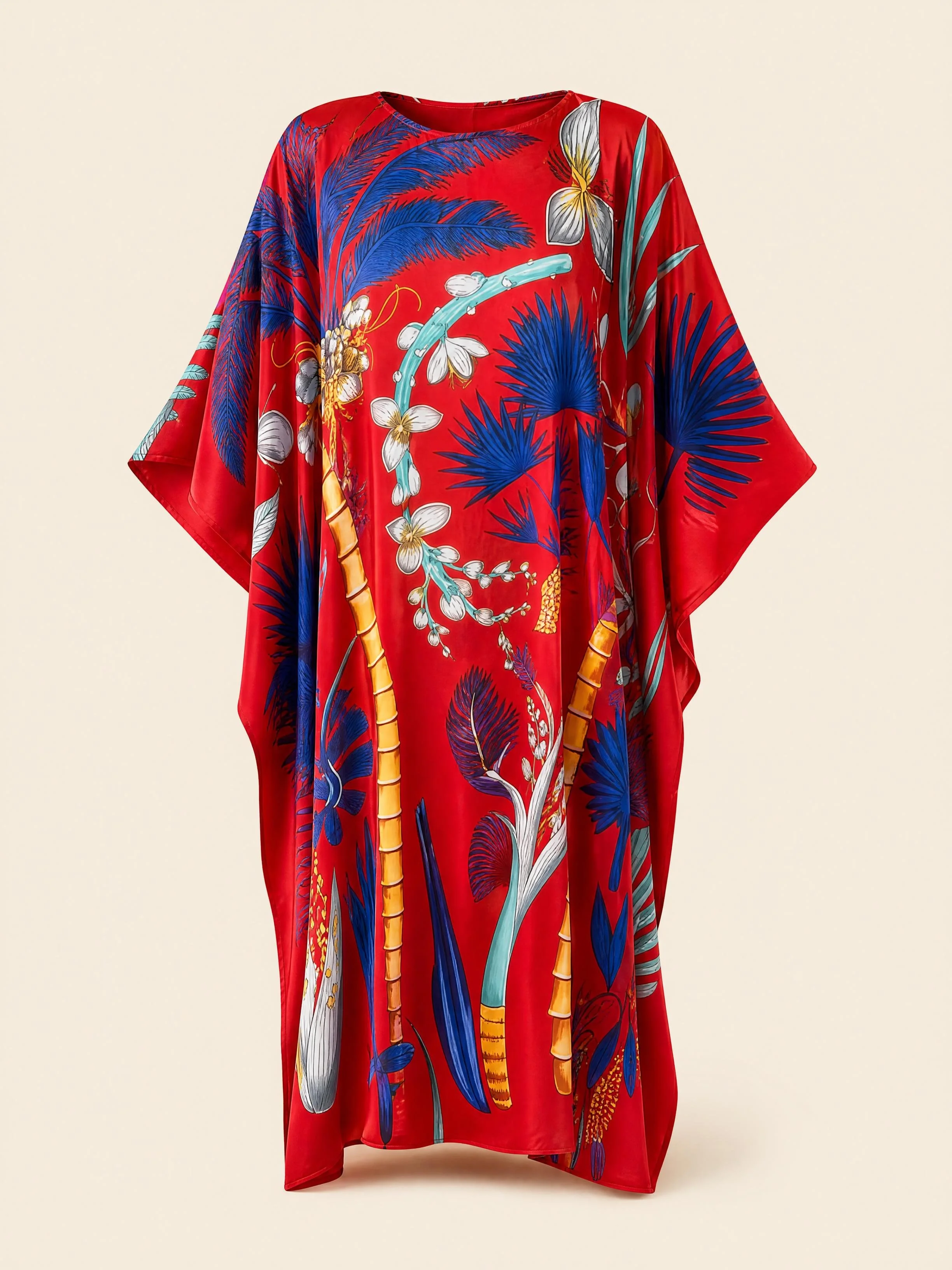Scarlet Palm long silk kaftan in cobalt fan palms and white orchids on scarlet