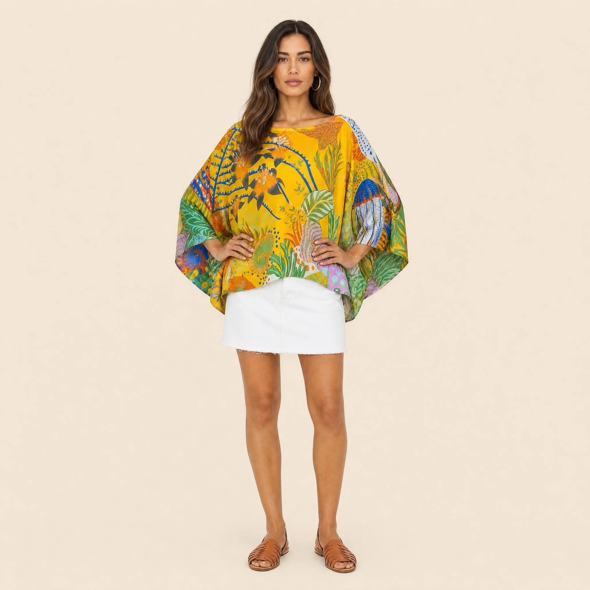 Saffron Reef silk kaftan top in jade and cobalt reef on deep saffron