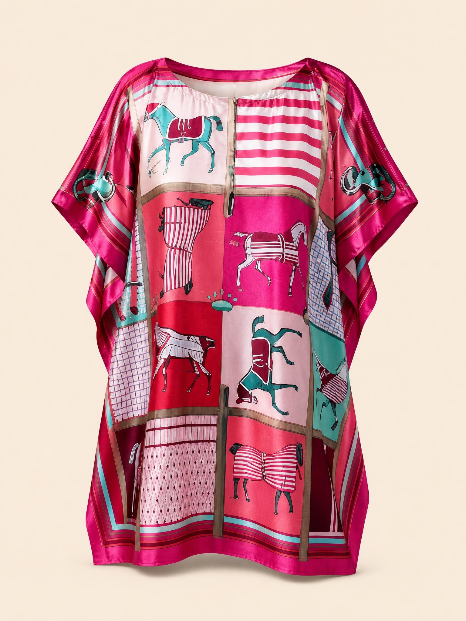 Rose Stable resort wear mini silk kaftan in blanketed horses in fuchsia, watermelon and rose patchwork