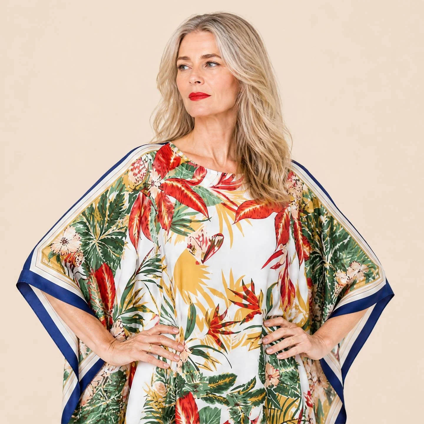 Coral and gold bird of paradise on white with a navy border — Strelitzia long silk kaftan by Dawn Bradbury Design