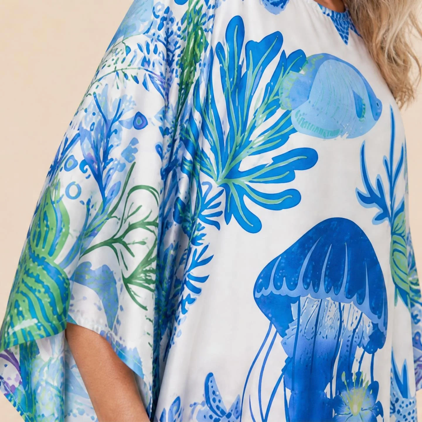 Dawn Bradbury Porcelain Sea long silk kaftan, blue jellyfish and coral on white