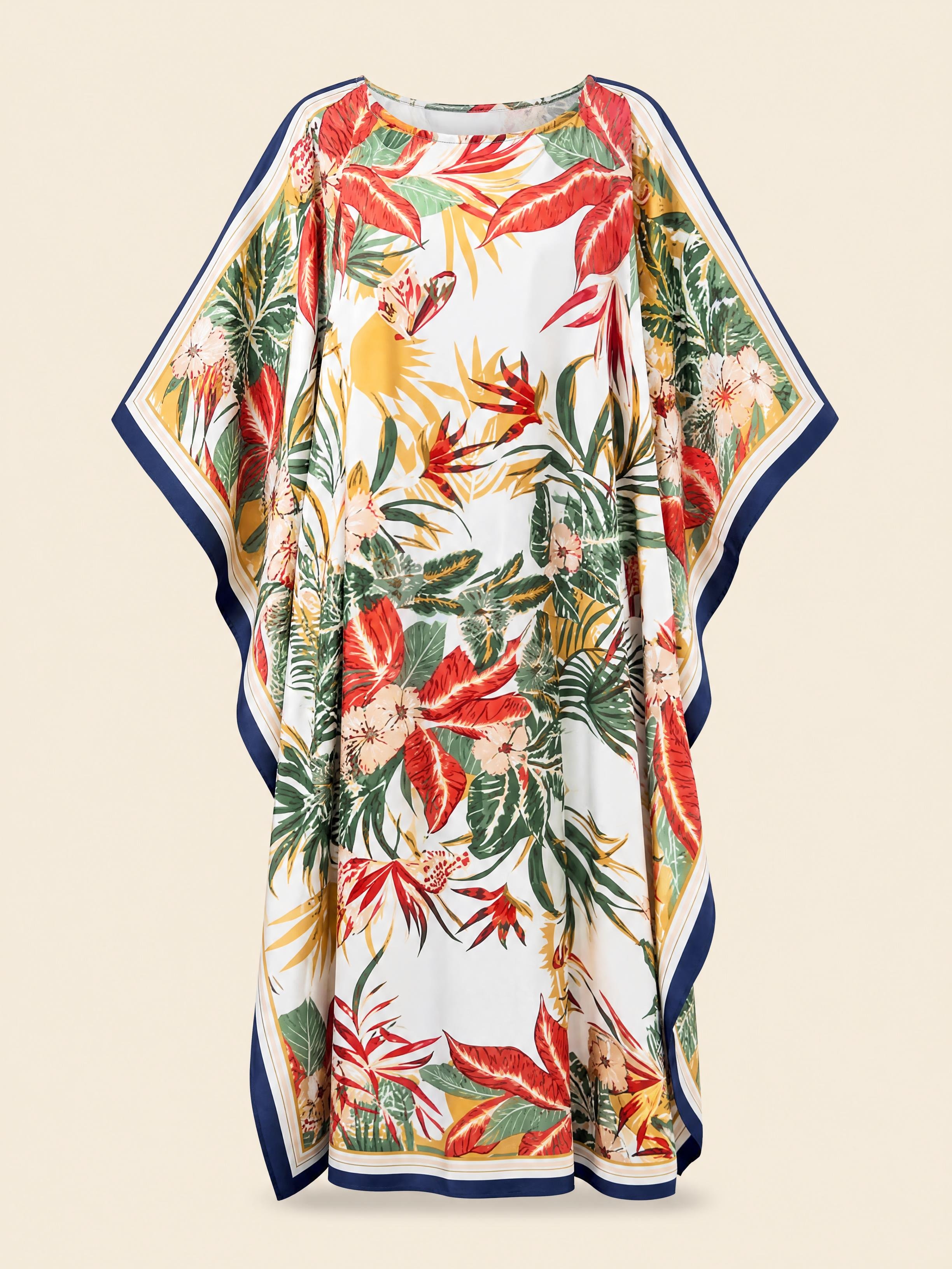Strelitzia resort wear long silk kaftan in coral and gold bird of paradise on white with a navy border