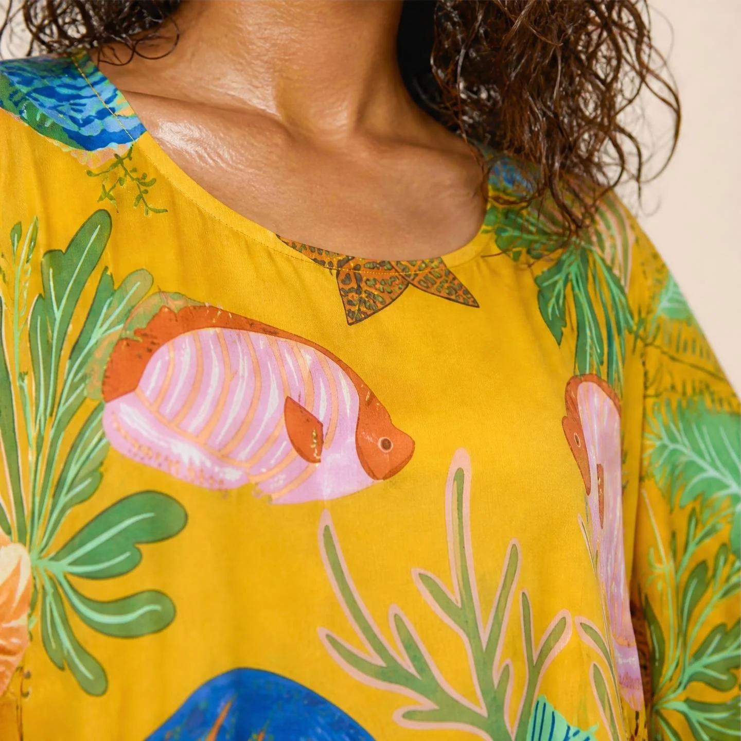 Saffron Reef resort wear long silk kaftan in jade and cobalt reef on deep saffron