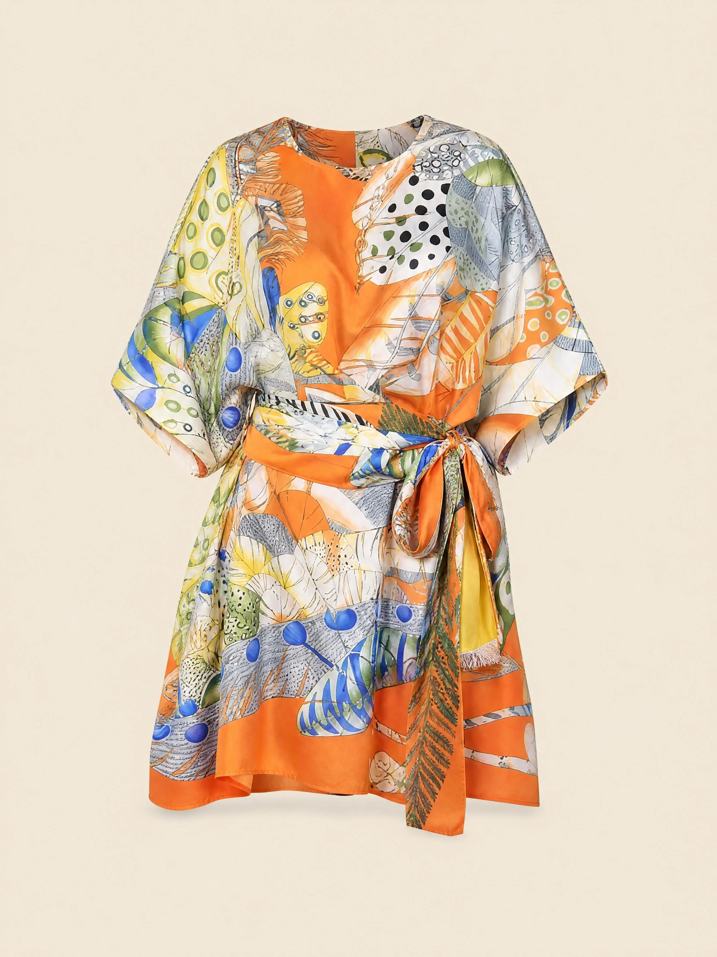 Sunset Plume mini silk kaftan with sash in marigold and chartreuse feathers on burnt orange