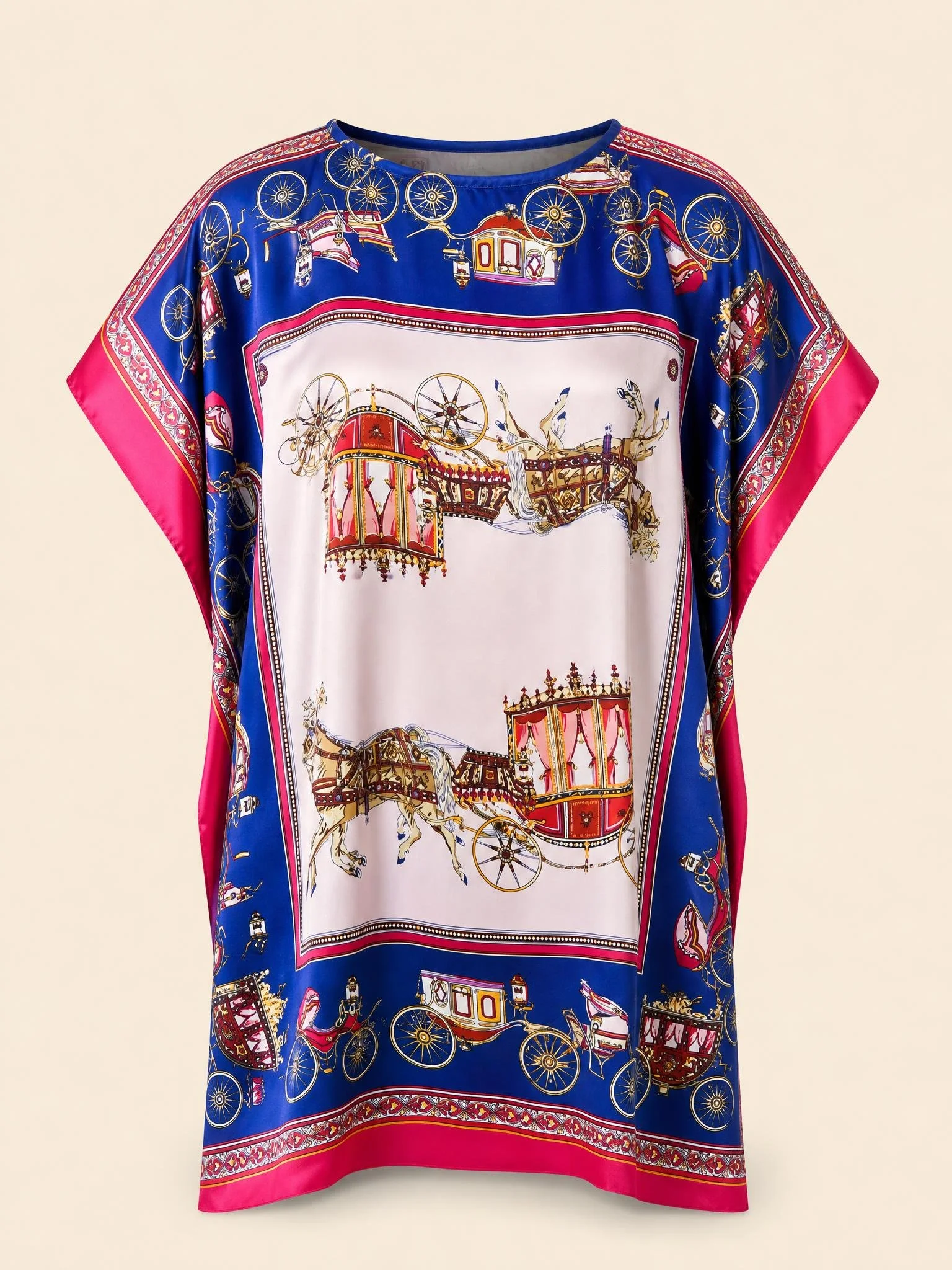 Royal Coach resort wear mini silk kaftan in gold state carriages on royal blue with a fuchsia border