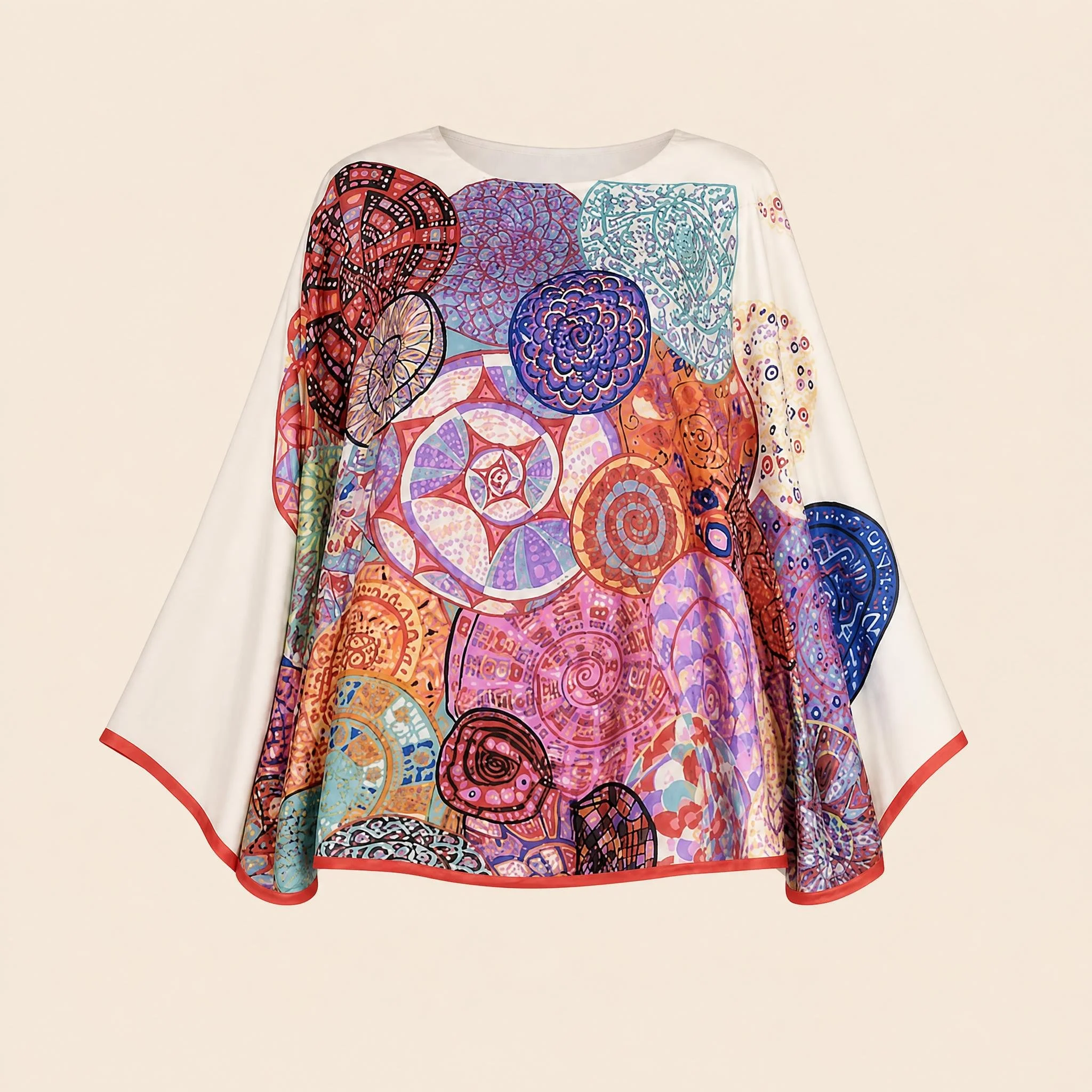 Rose Mandala resort wear mini silk kaftan in rose, apricot and violet medallions on ivory