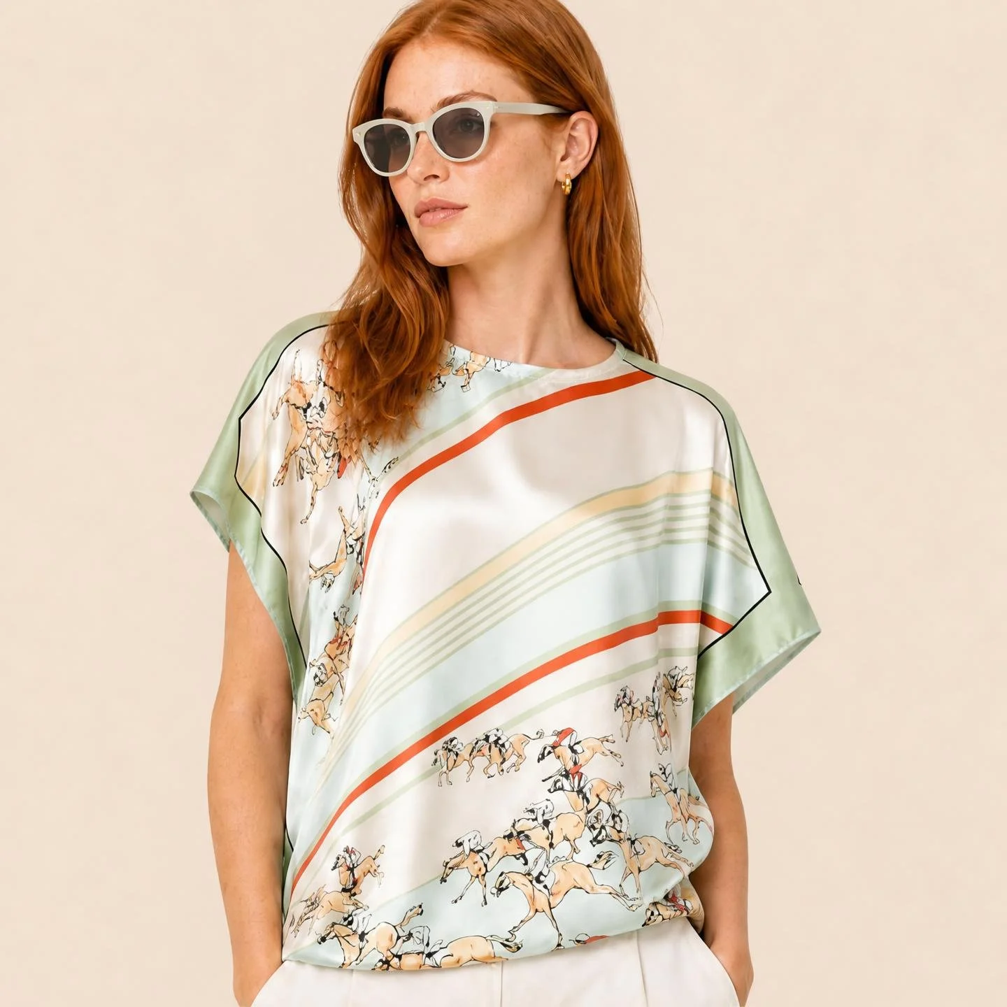 Dawn Bradbury Sage Hunt mini silk kaftan, sage and burnt orange ribbon stripe with racehorses on ivory