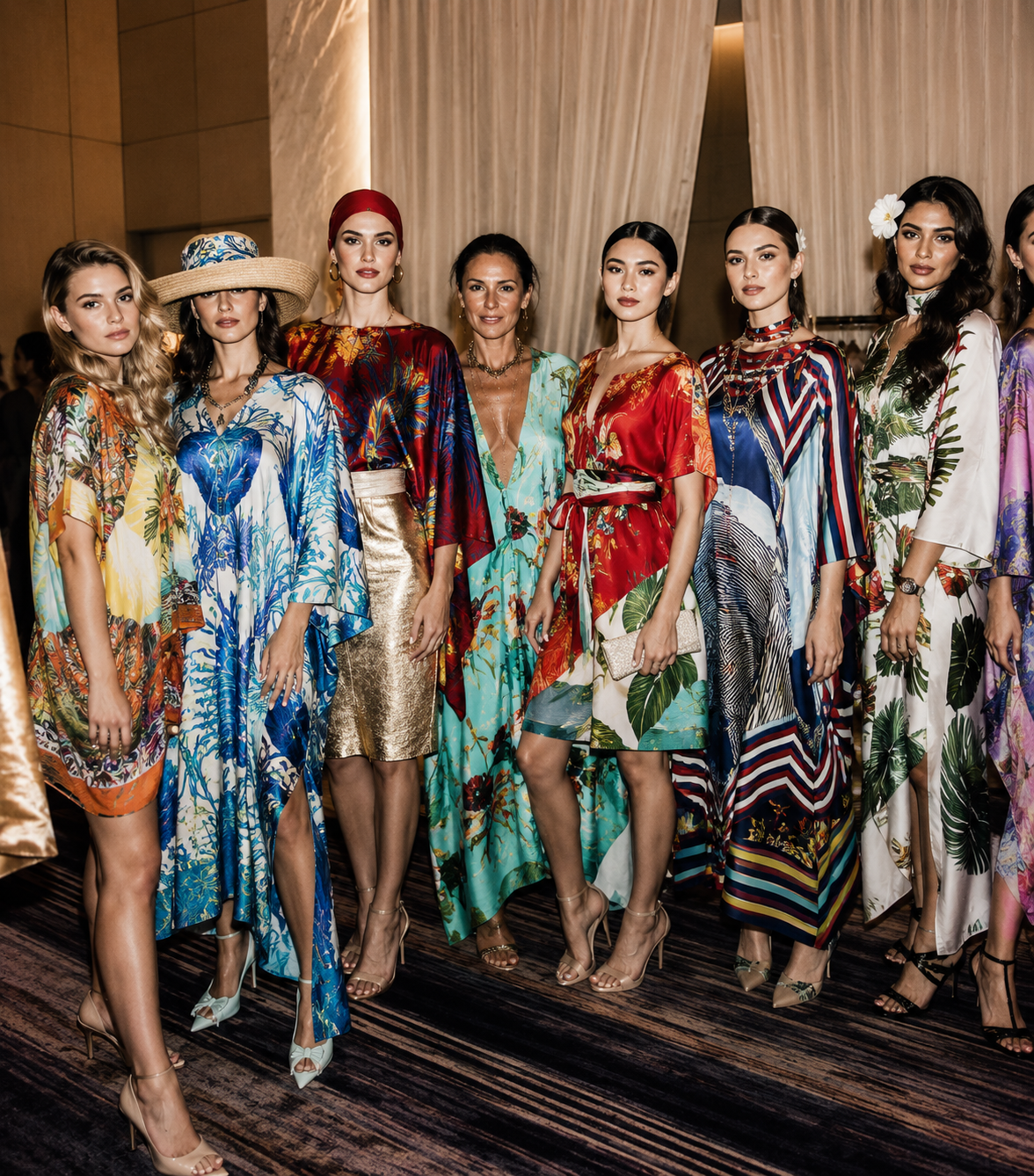 Group of women in colorful, tropical-themed dresses and accessories standing together at an indoor event.