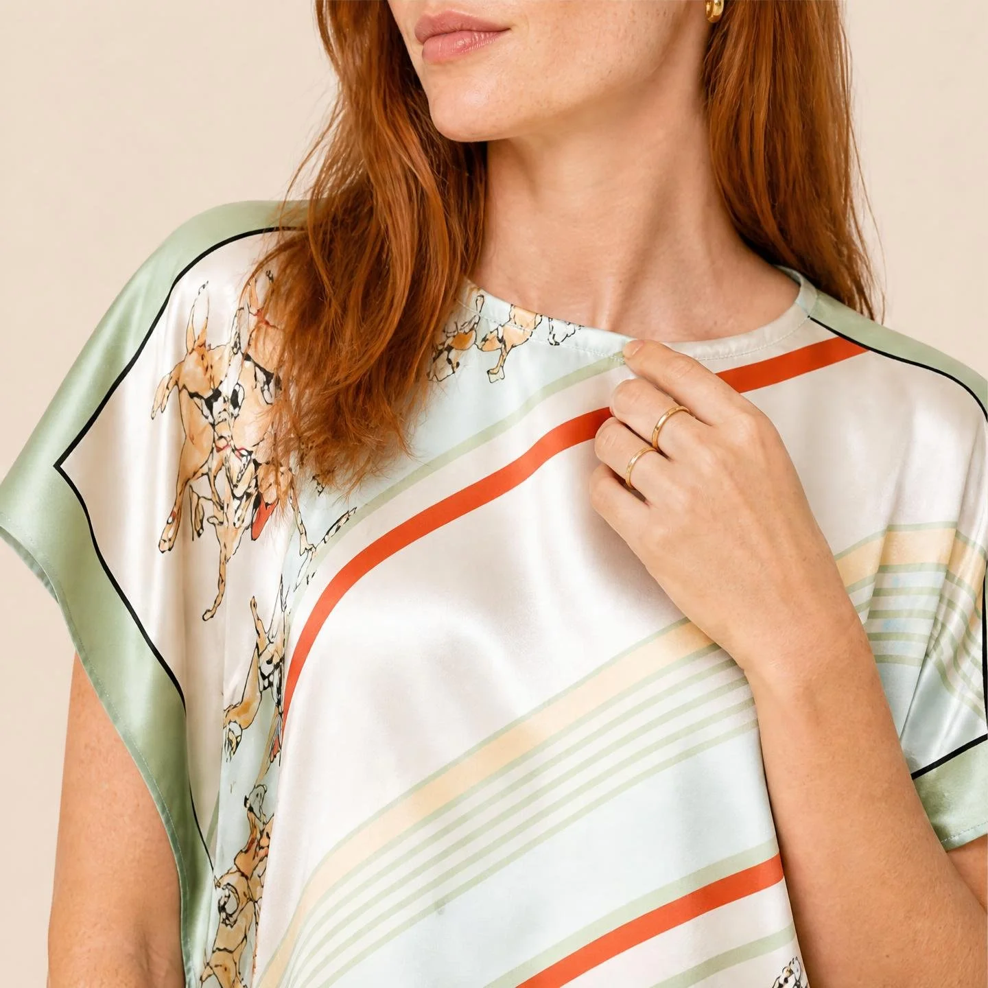 Sage Hunt resort wear mini silk kaftan in sage and burnt orange ribbon stripe with racehorses on ivory