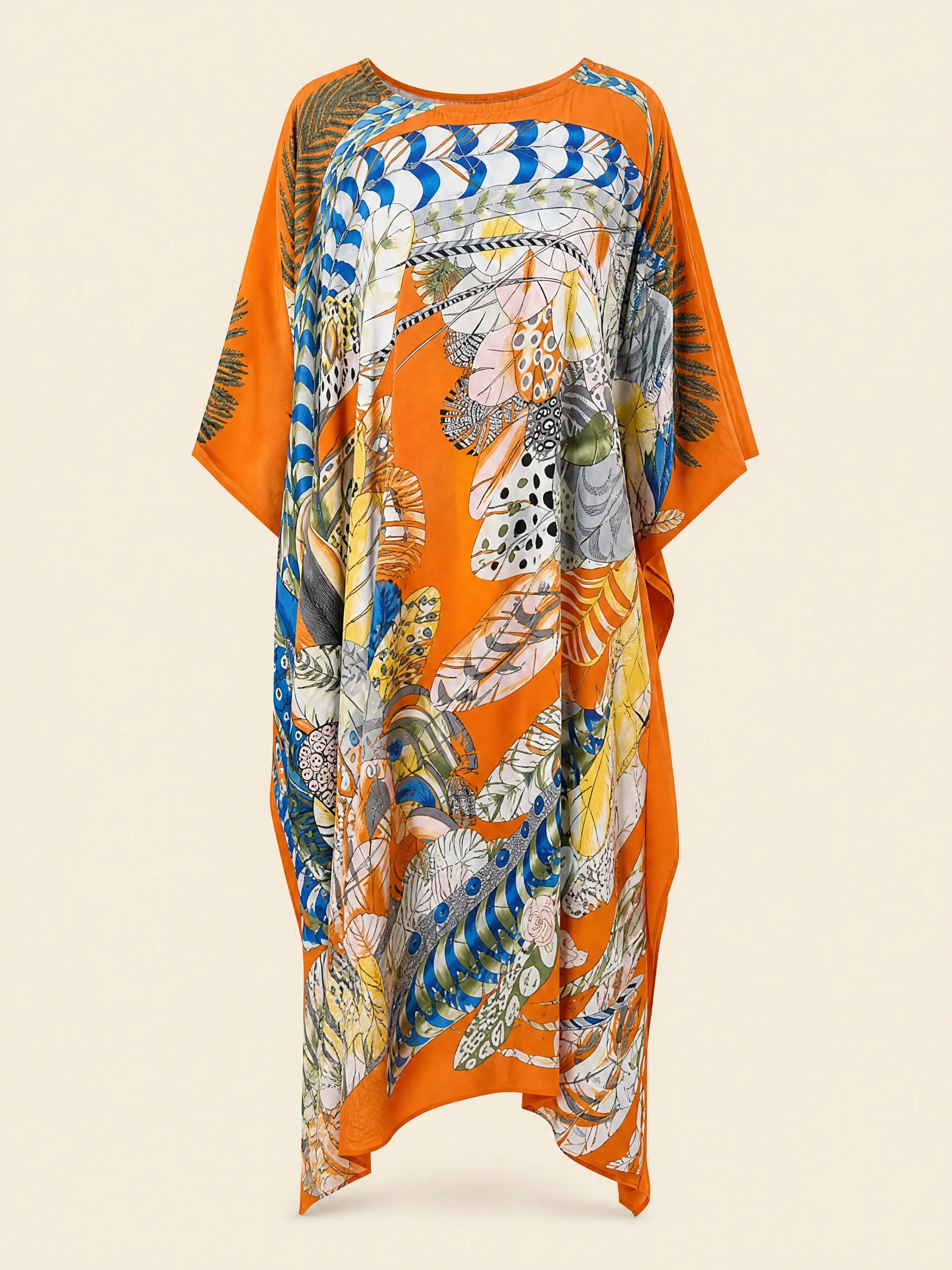Sunset Plume long silk kaftan in marigold and chartreuse feathers on burnt orange