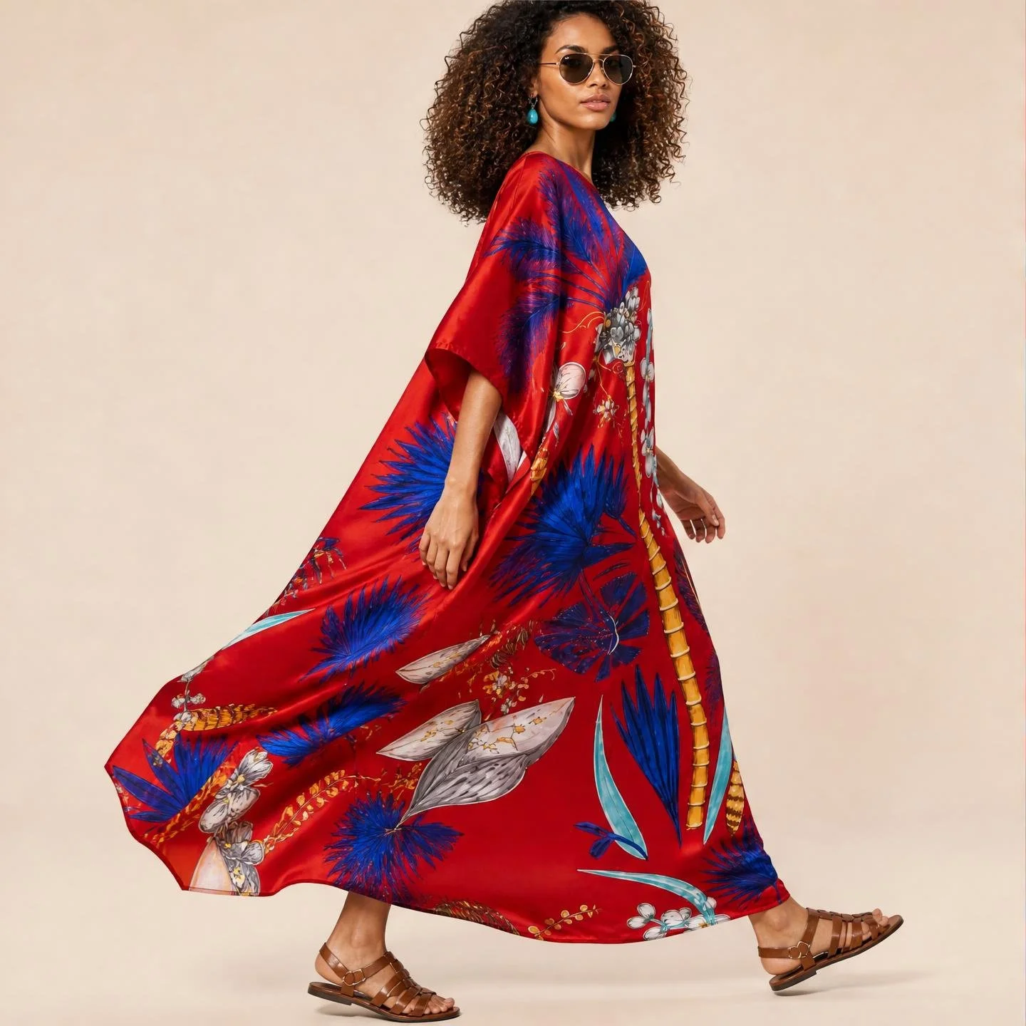 Dawn Bradbury Scarlet Palm long silk kaftan, cobalt fan palms and white orchids on scarlet