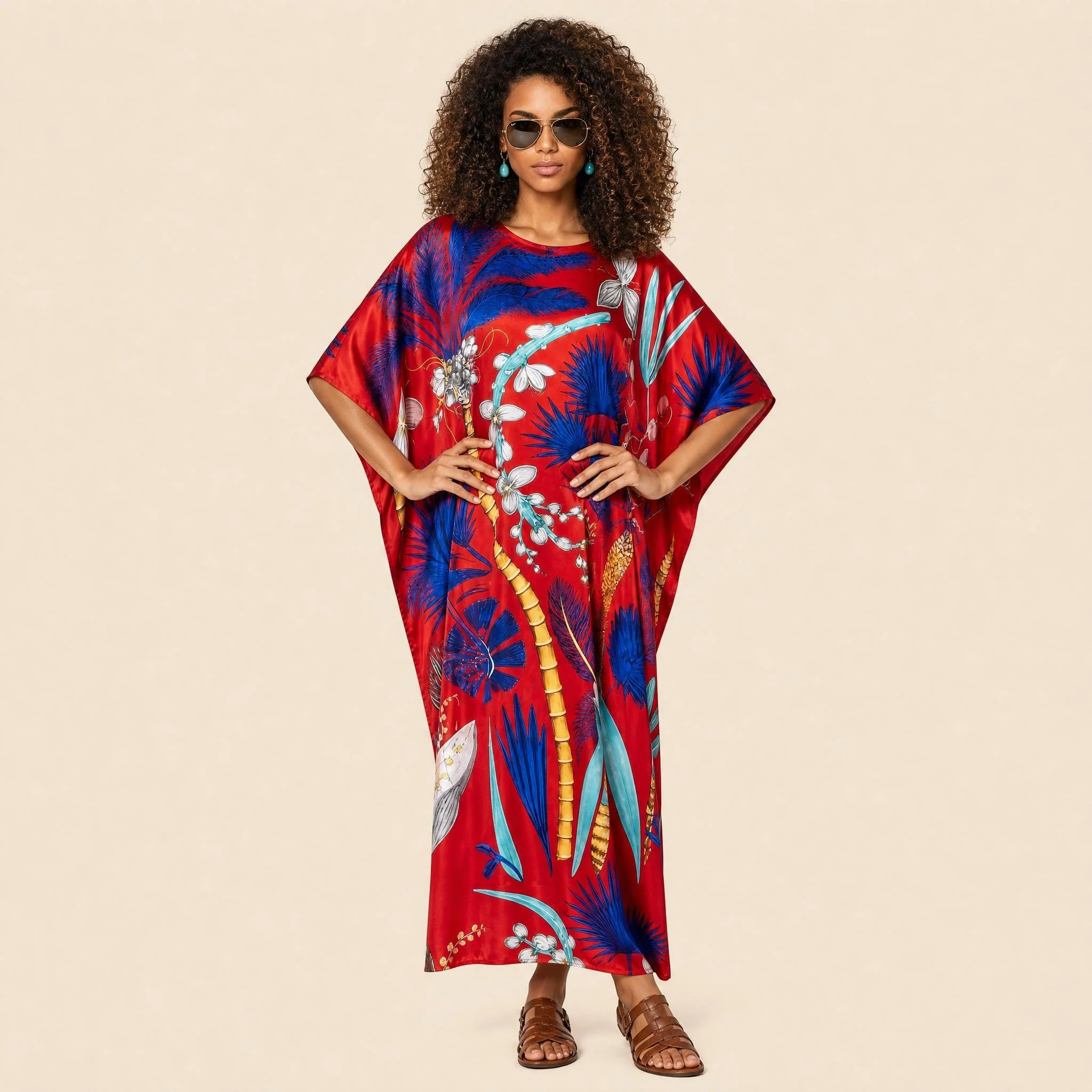 Scarlet Palm long silk kaftan in cobalt fan palms and white orchids on scarlet