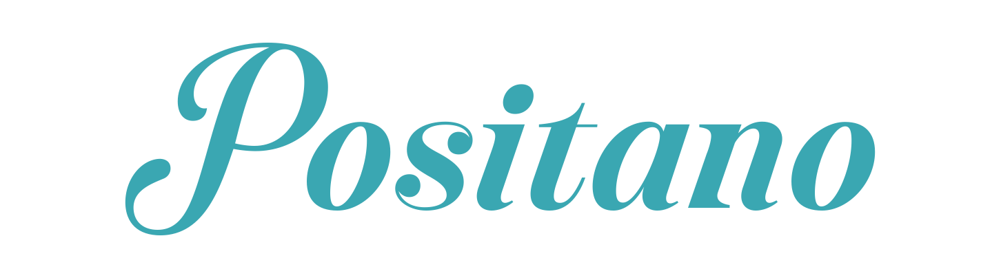 The word "Positano" written in elegant, cursive font in blue on a white background.