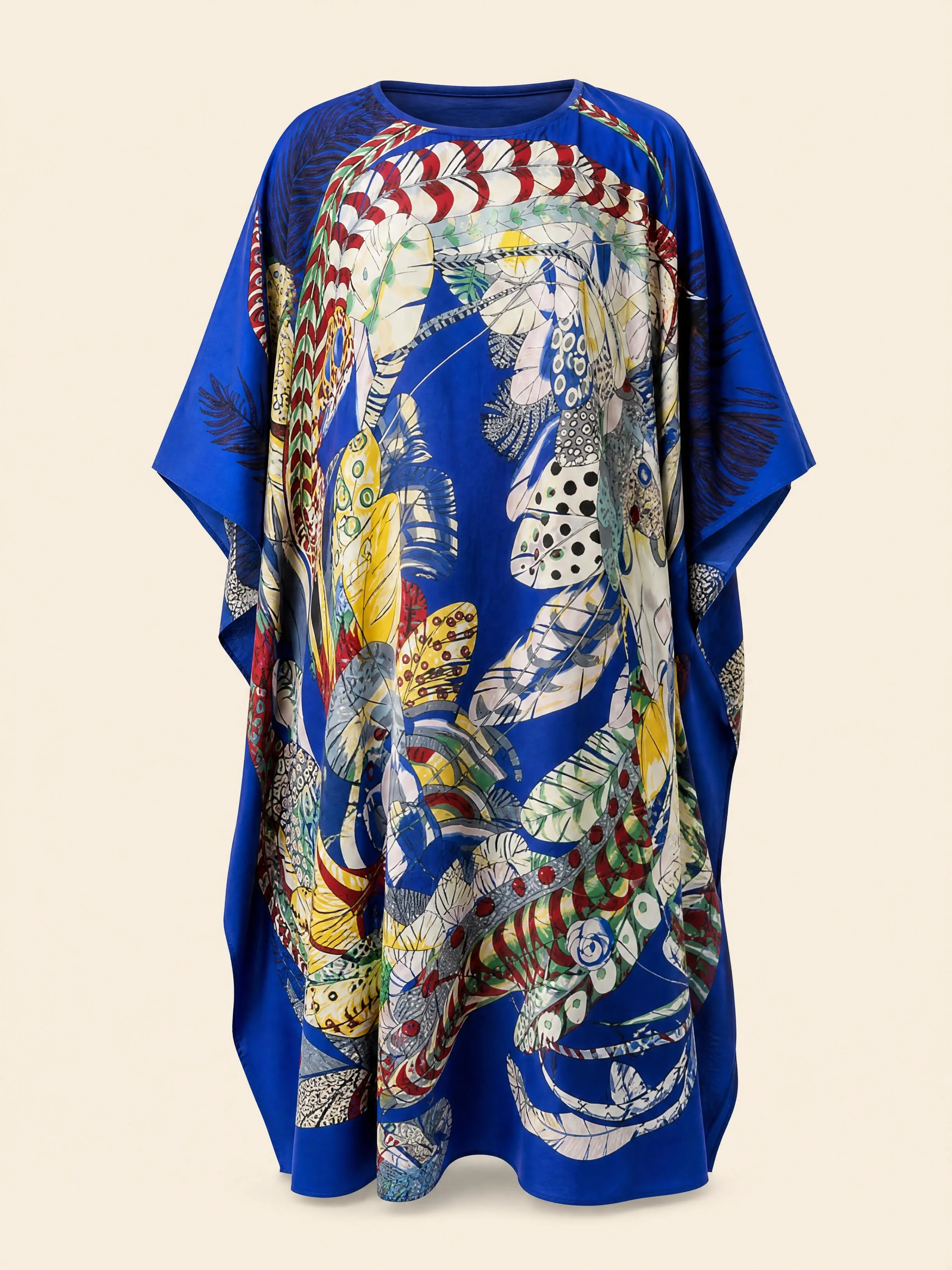 Sapphire Shell long silk kaftan in cream and gold shells on deep sapphire