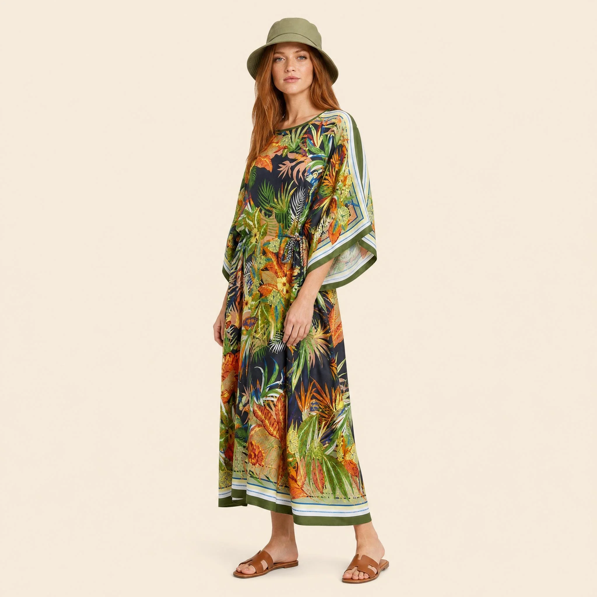 Twilight Jungle long silk kaftan in ochre and olive jungle foliage on near-black