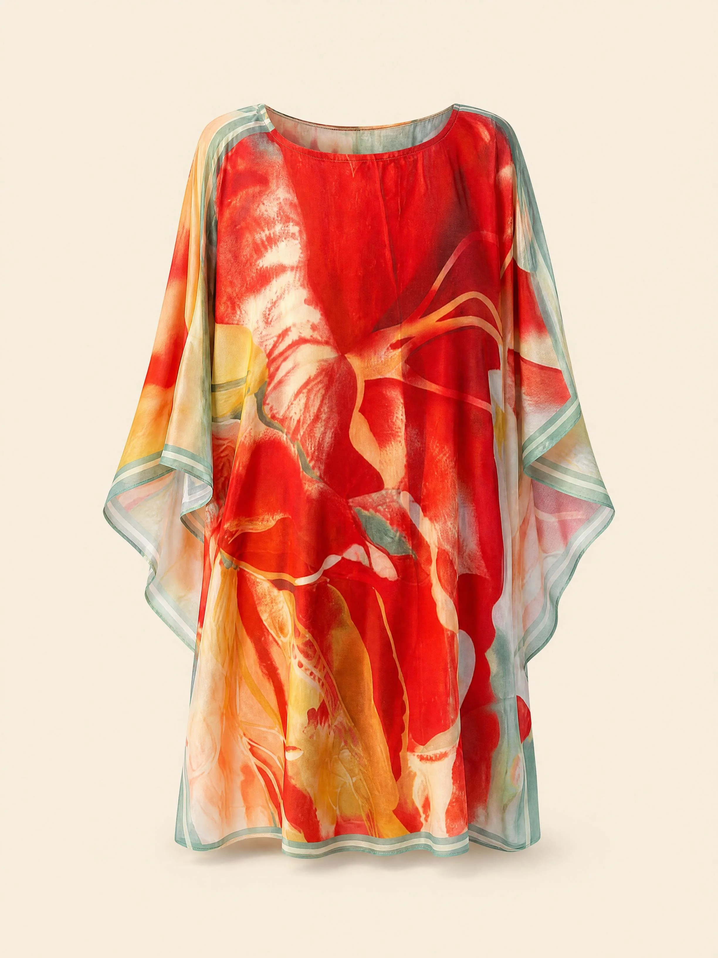 Flame Bloom mini silk kaftan in scarlet and flame watercolour washes with sage edges