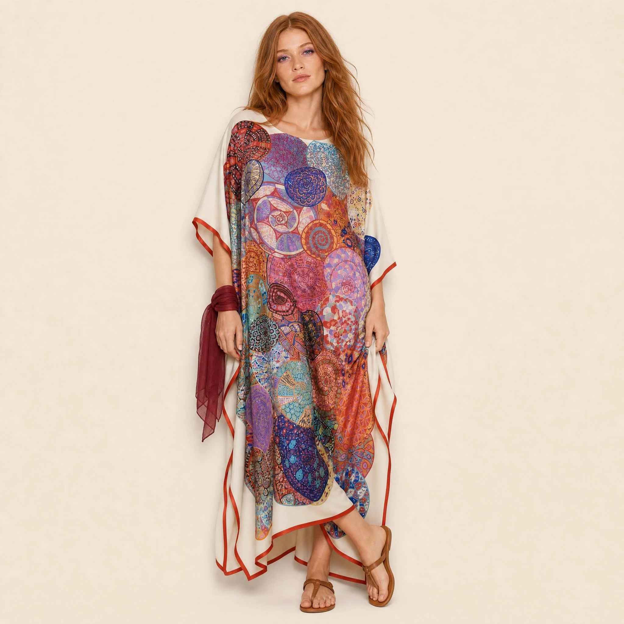 Rose Mandala long silk kaftan in rose, apricot and violet medallions on ivory