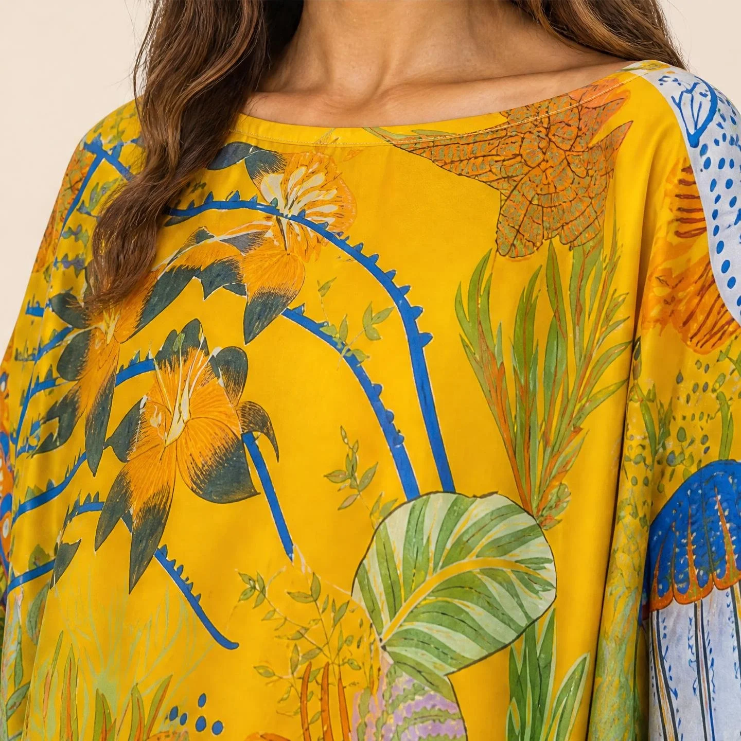 Saffron Reef resort wear silk kaftan top in jade and cobalt reef on deep saffron
