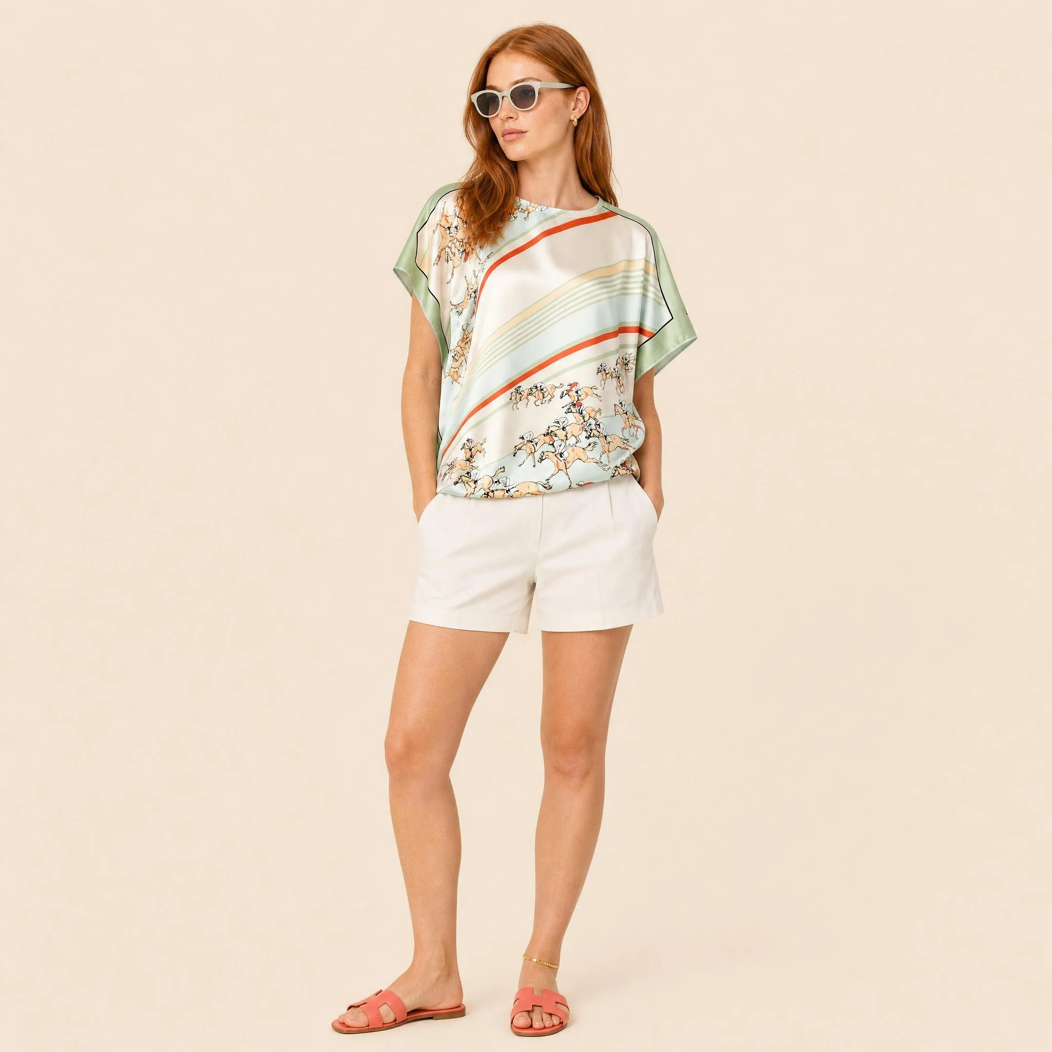 Sage Hunt mini silk kaftan in sage and burnt orange ribbon stripe with racehorses on ivory