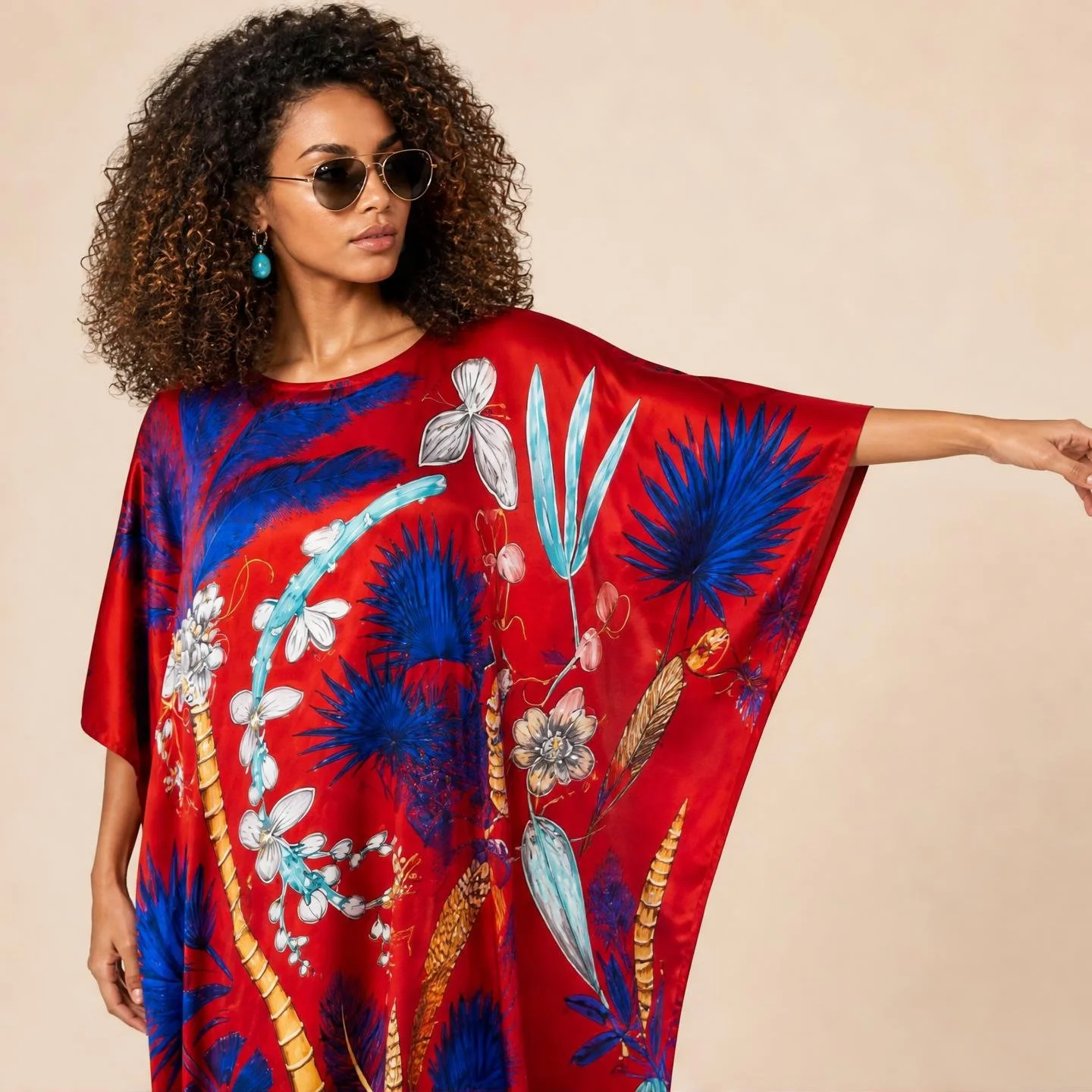 Cobalt fan palms and white orchids on scarlet — Scarlet Palm long silk kaftan by Dawn Bradbury Design