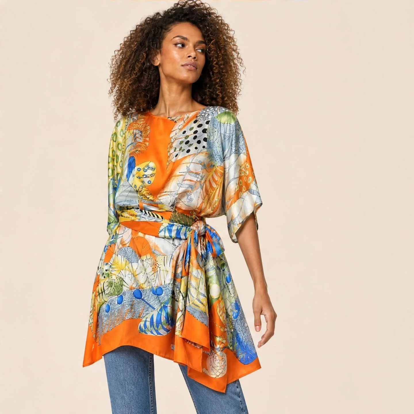 Sunset Plume resort wear mini silk kaftan with sash in marigold and chartreuse feathers on burnt orange