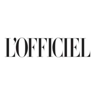 The L'Officiel magazine logo in black and gray on a black background.