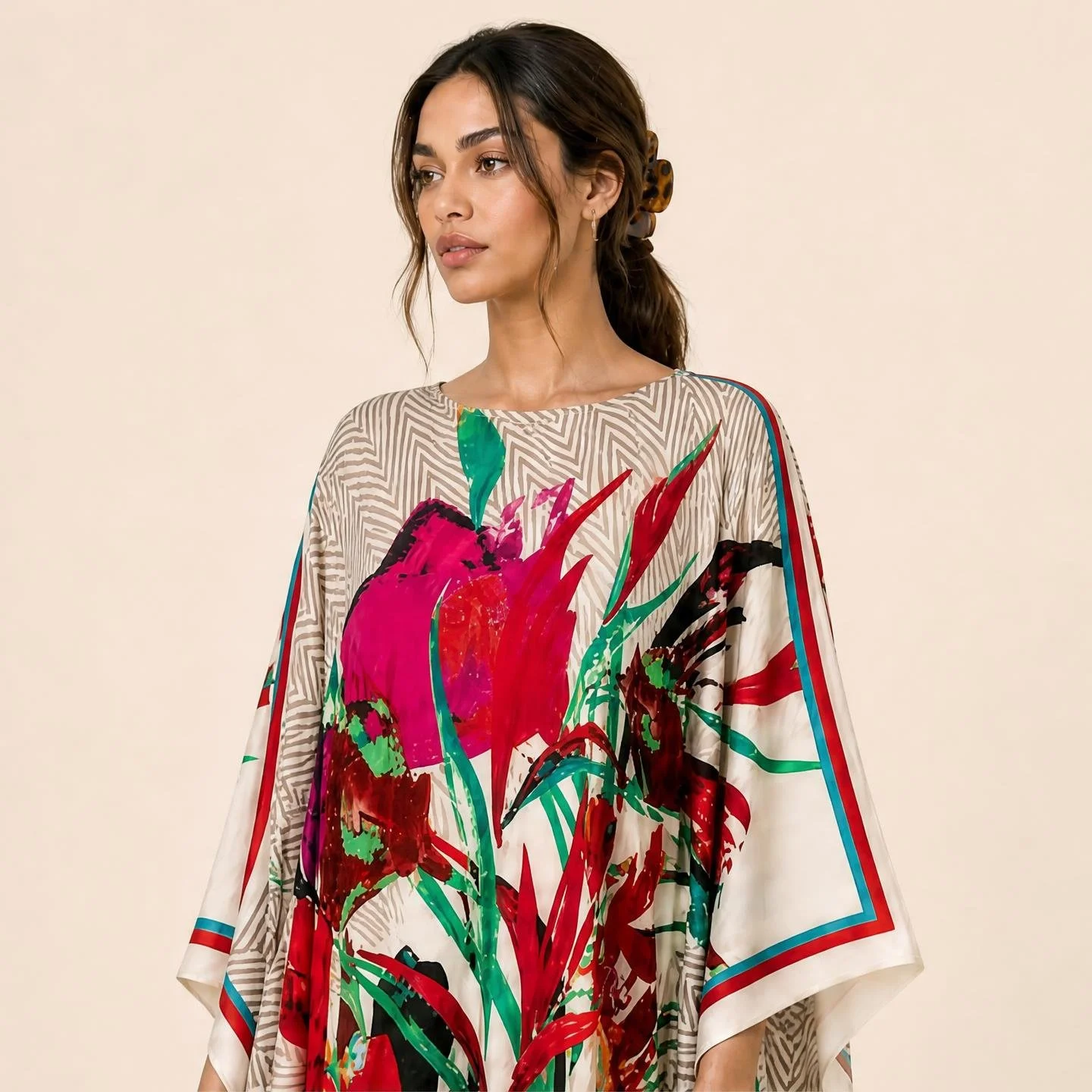 Ruby and magenta blooms on woven-texture cream — Ruby Tulip long silk kaftan by Dawn Bradbury Design