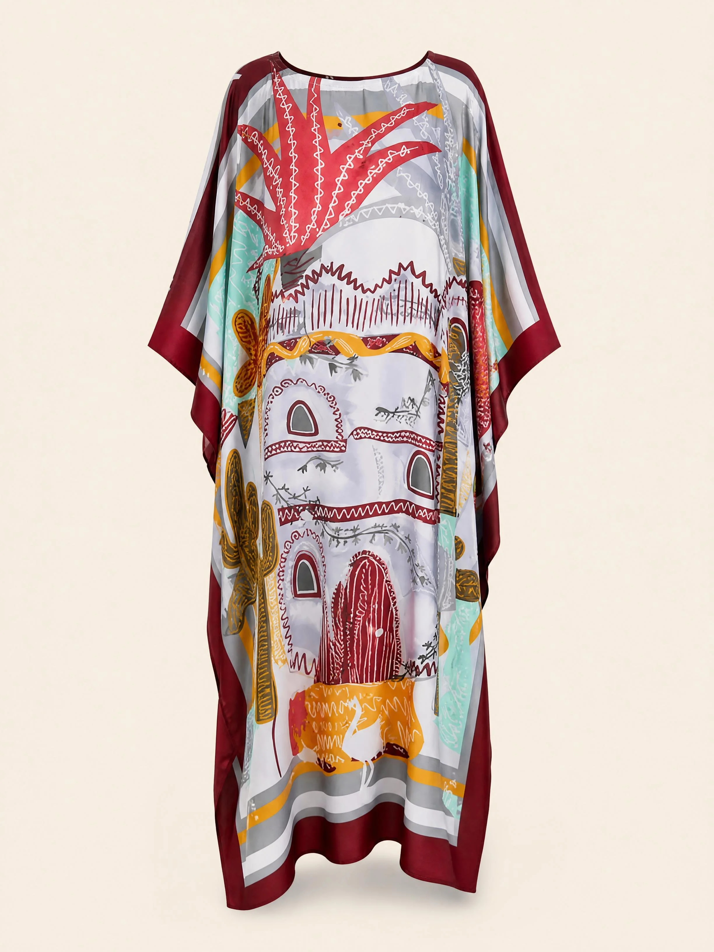 Santa Fe long silk kaftan in scarlet agave and adobe arches on pale desert blue