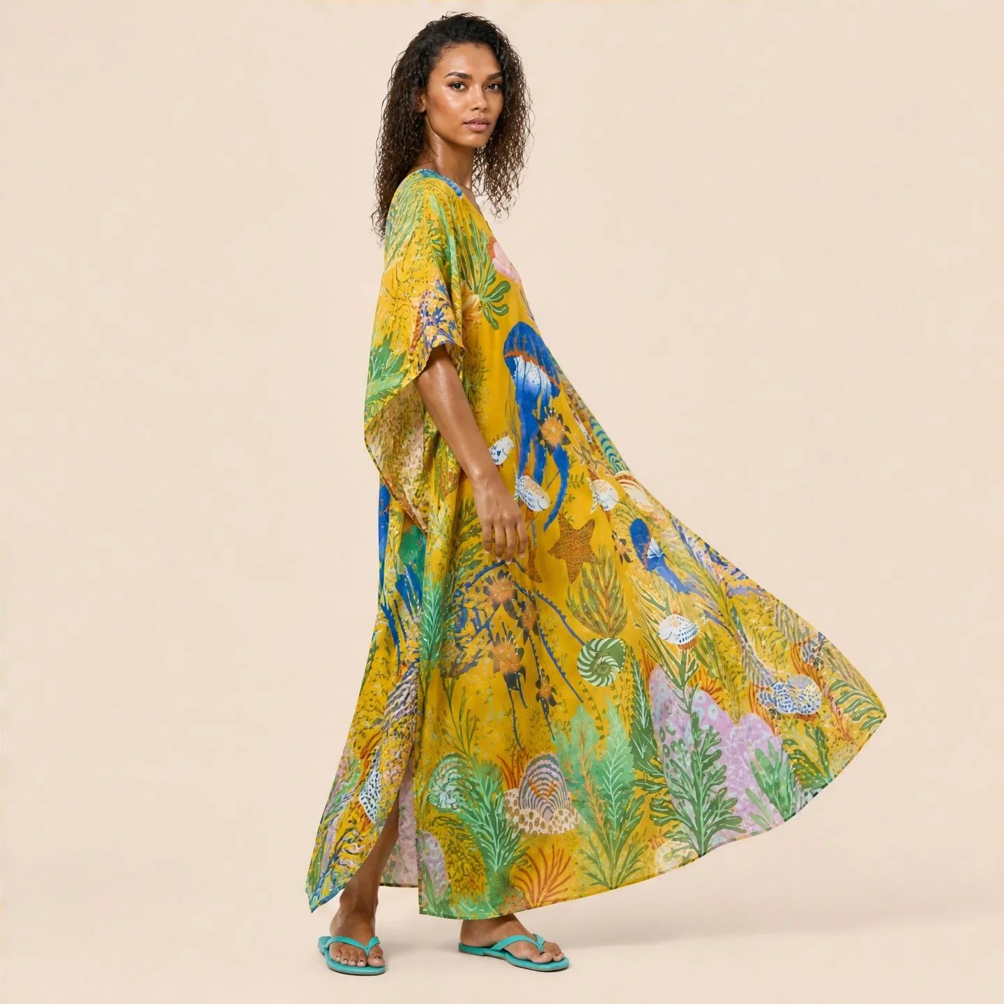 Dawn Bradbury Saffron Reef long silk kaftan, jade and cobalt reef on deep saffron