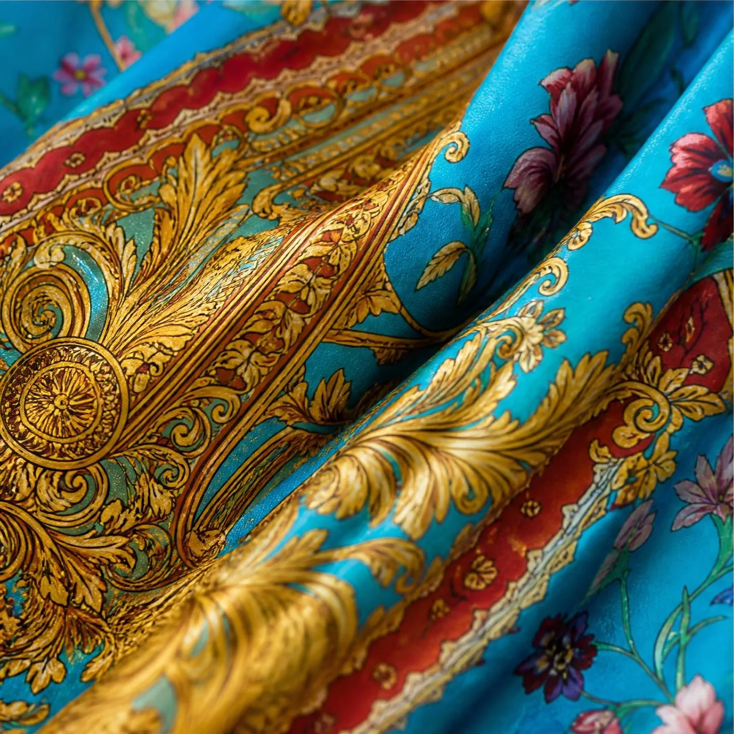 Turquoise Palace resort wear long silk kaftan in gilded palace arches and roses on turquoise with a saffron border