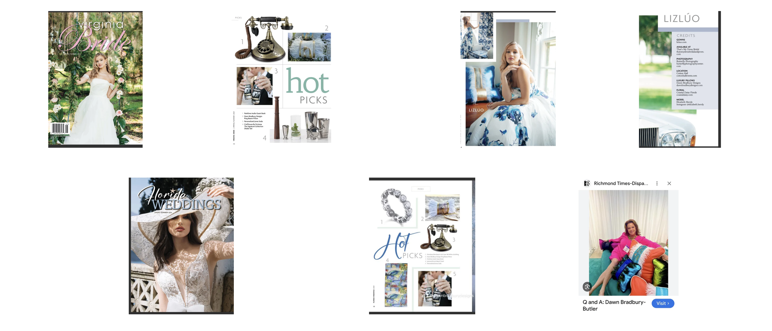 Collage of fashion and lifestyle magazine pages featuring wedding dresses, jewelry, vintage accessories, and a woman in a strapless wedding gown in a garden, with magazine titles like 'Virginia Bride' and 'Florida Weddings'.