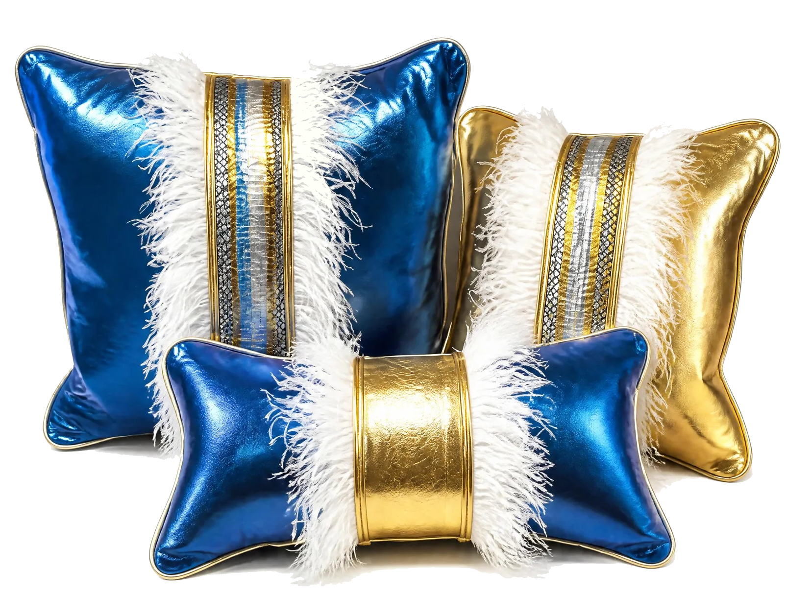 Decorative pillows in blue and gold with white feather accents and metallic details.