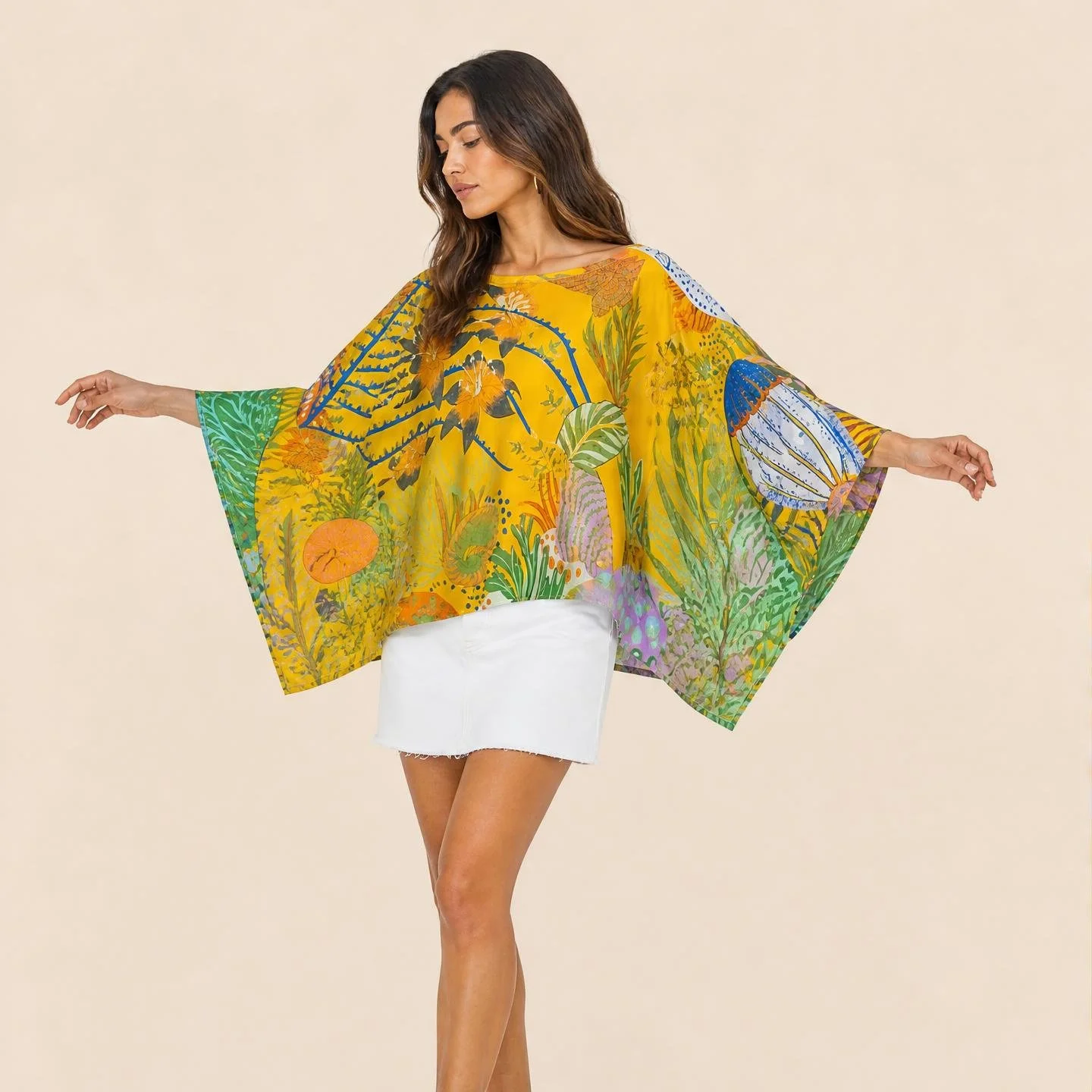 Jade and cobalt reef on deep saffron — Saffron Reef silk kaftan top by Dawn Bradbury Design