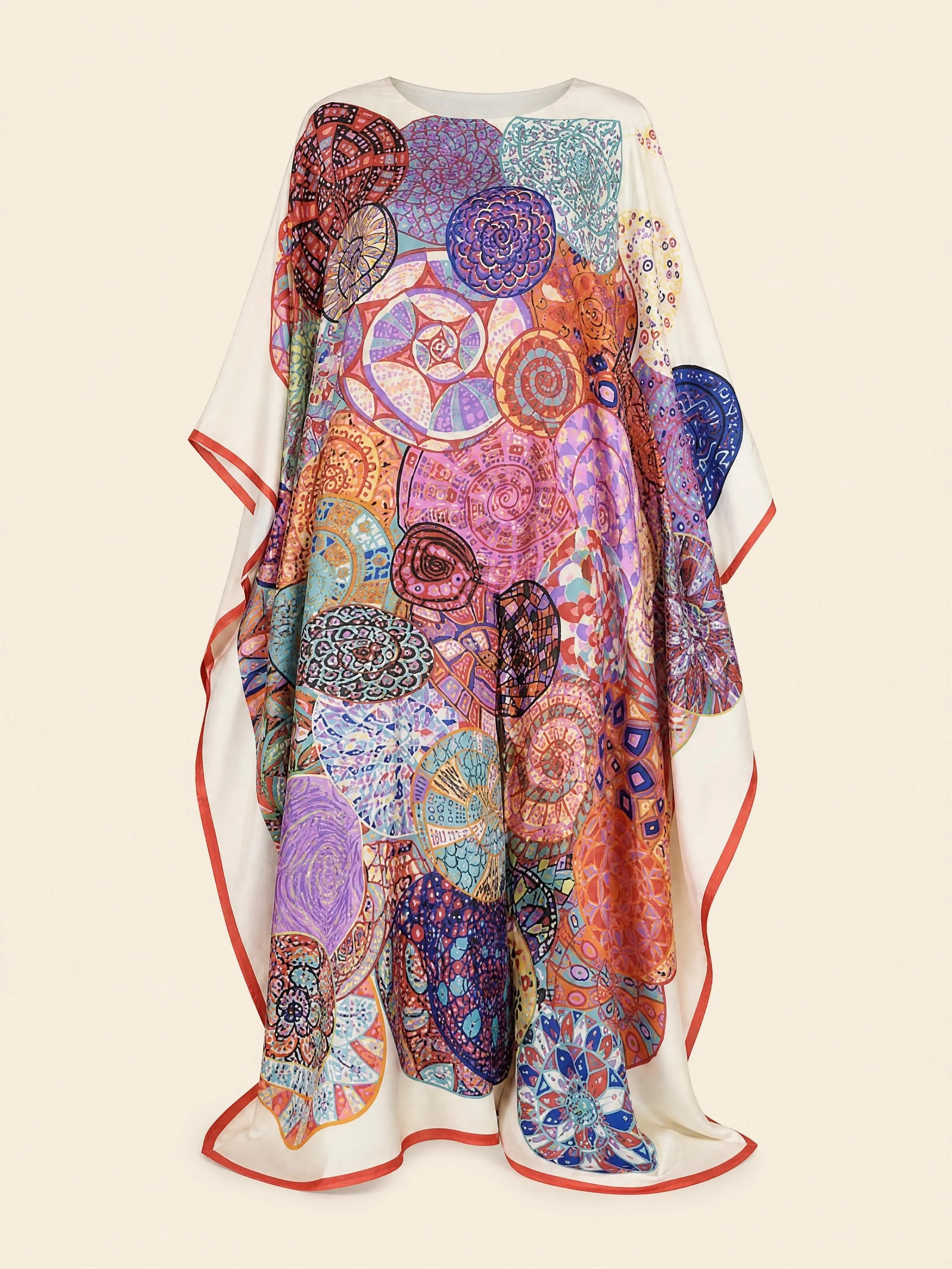 Rose Mandala long silk kaftan in rose, apricot and violet medallions on ivory
