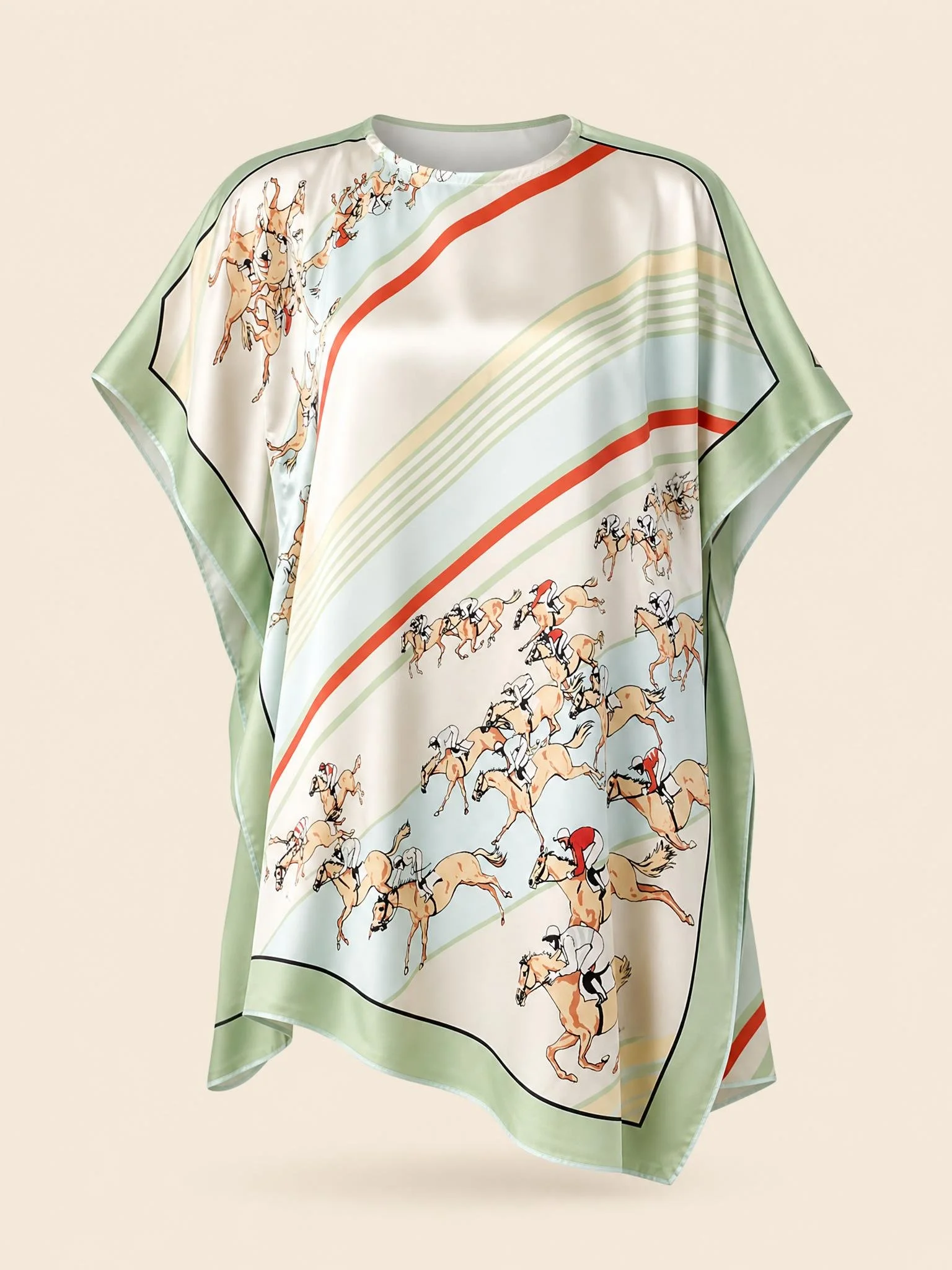 Sage Hunt mini silk kaftan in sage and burnt orange ribbon stripe with racehorses on ivory