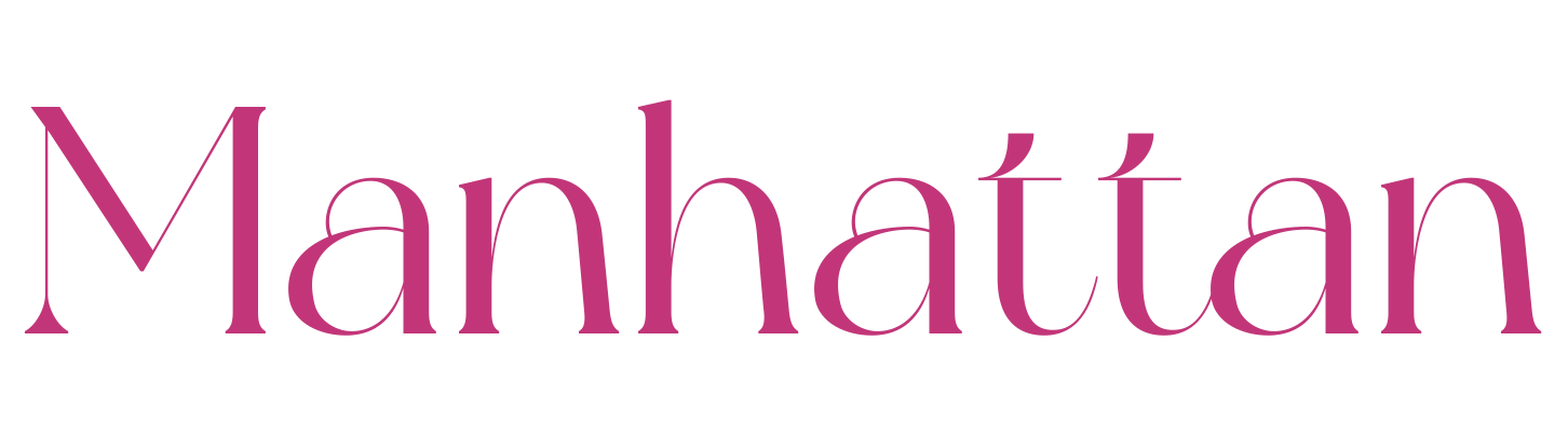Stylized text that reads 'Manhattan' in purple-pink, serif font.